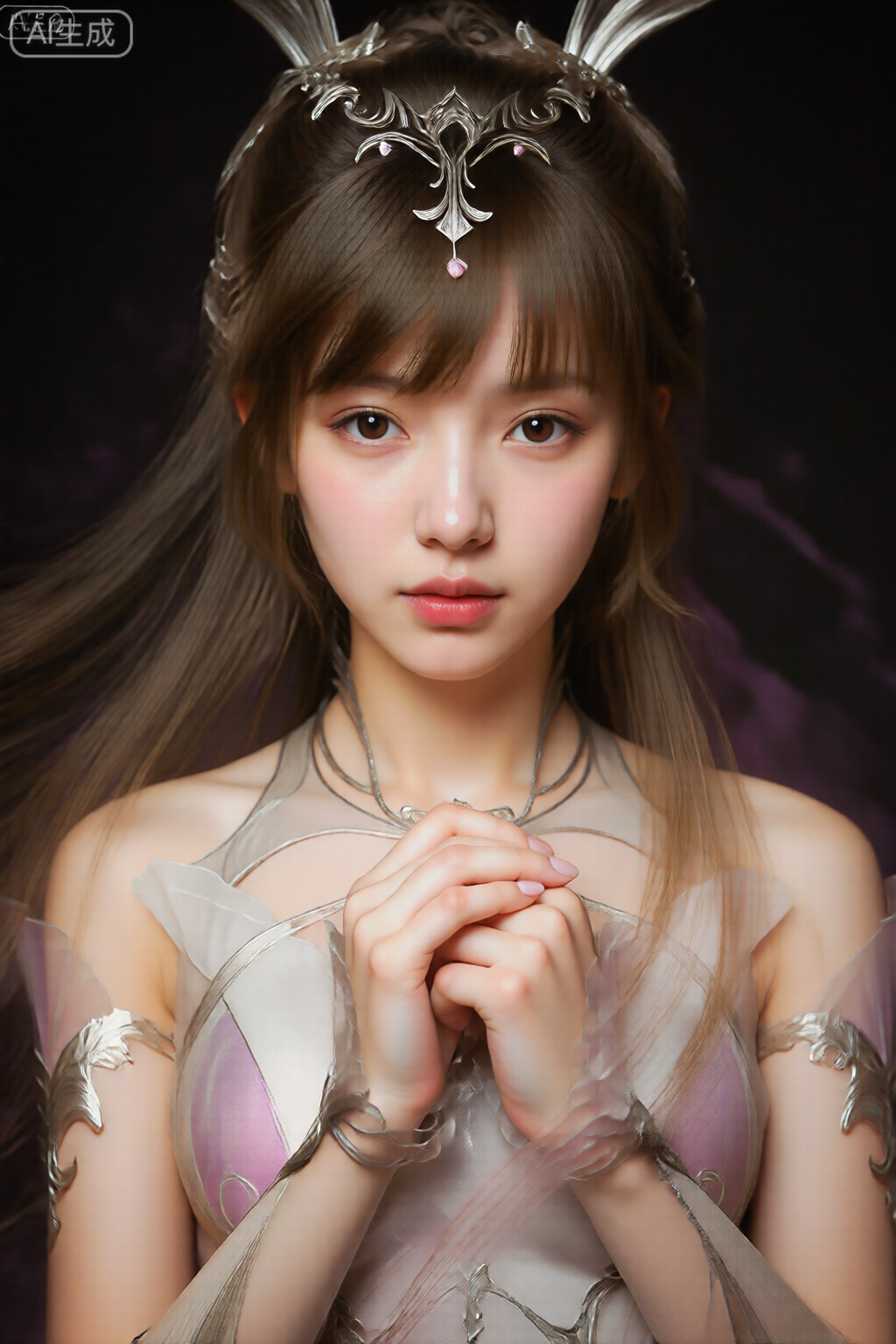 图像显示一位年轻女子,有着浅棕色的长直发。她戴着一顶饰有复杂银色图案和翅膀状小装饰品的头饰。她的头发被设计成有些发丝自由垂落,而另一些发丝则塞在耳后。她有着精致、空灵的外表,苍白的肤色和一双富有表情的大眼睛。她的嘴唇被涂成柔和的粉红色。 她穿着轻薄的半透明服装,肩膀上有透明的翅膀状织物细节。这套服装饰有银色臂带,设计华丽、流畅。她双手合十放在胸前,手指轻轻交扣。脖子上戴着一条细细的银色项链,显得整体精致优雅。背景为深色,带有微妙、抽象的紫色和粉色色调,有助于突出她的身材以及服装和配饰的复杂细节。图像具有柔和、梦幻的品质。