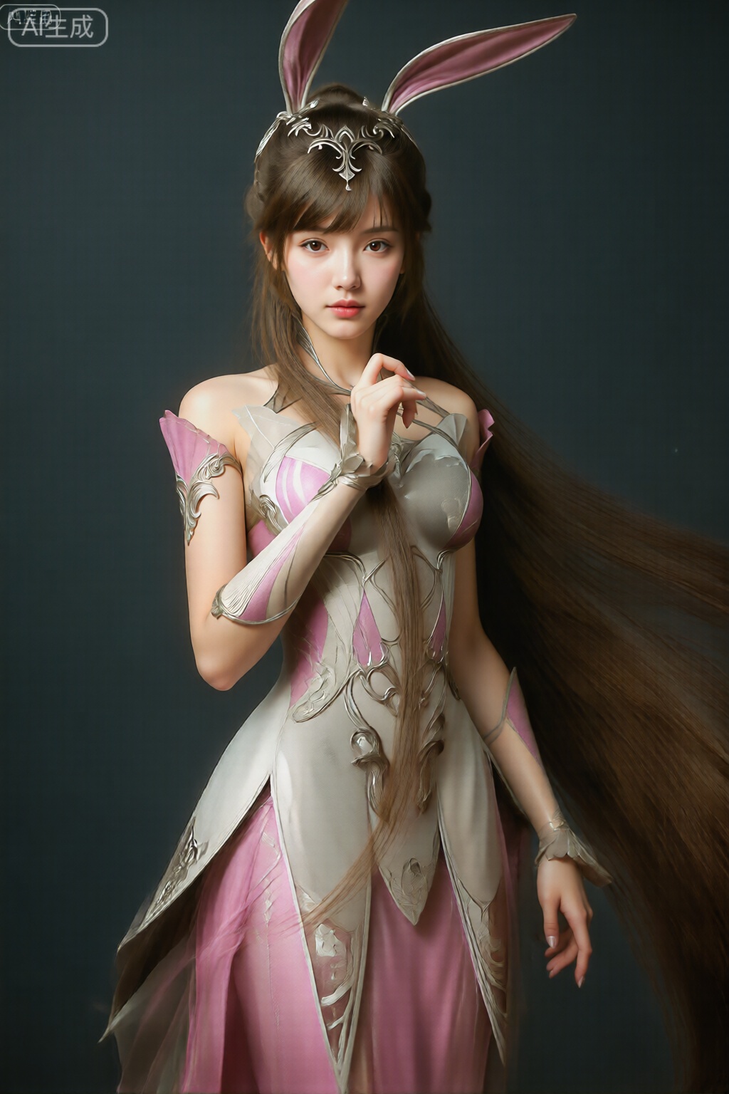 该图像描绘了一个穿着精致的奇幻服装的人。服装以银色为主,具有复杂的图案和设计,混合了金属和织物元素。该服装包括带有护肩和护臂的合身紧身胸衣,以及带有银色点缀的粉红色飘逸裙子。这个人有一头长而直的棕色头发,从背上垂下来,戴着一条带有大粉色兔子耳朵的发带,戴着一顶装饰性的银色头饰。