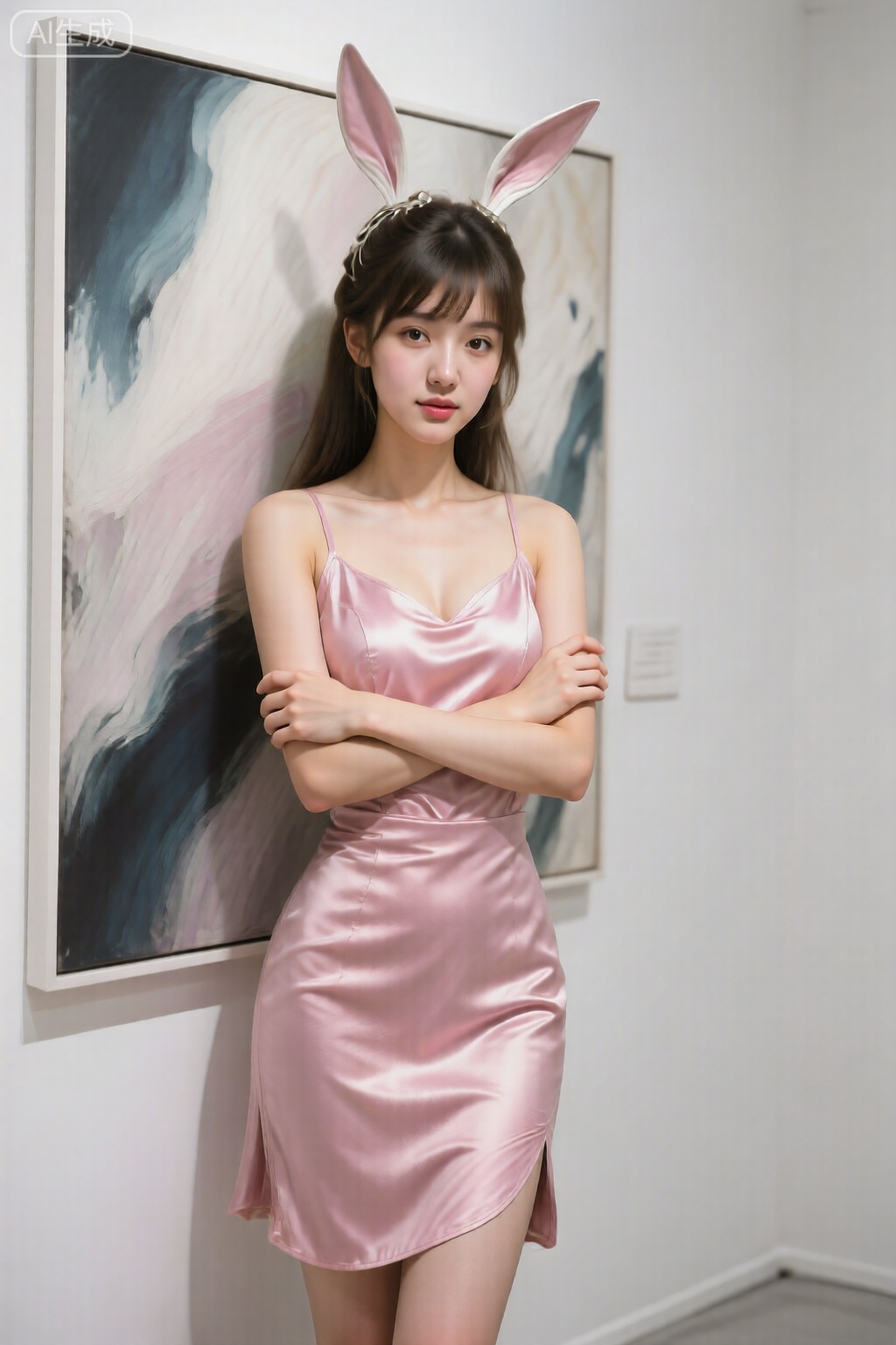  摄影杰作,精美壁纸,美颜,皮肤质感水润光滑年轻,去AI 感,职业微微笑,不露牙齿,丰满的胸部,看着镜头,
 极简主义白色画廊,一位气质高雅女性穿着藕粉色缎面短上衣和同材质鱼尾超短裙,站在一幅抽象画前,环抱双臂,若有所思地凝视镜头。24-70mm镜头,光线柔和均匀,皮肤质感如丝绸般顺滑,构图干净,艺术壁纸风格。,小舞,兔子耳朵