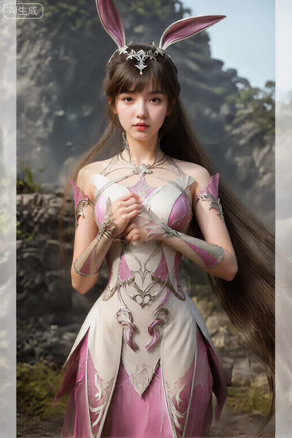 图像中是一位年轻女子,留着长直的黑发和刘海,戴着带有大粉色兔子耳朵的头饰。她身材苗条,穿着精致的奇幻服装。这件衣服主要是白色的,带有复杂的银色和粉色图案,包括花卉和叶子图案。紧身胸衣合身,深领口,中央有装饰扣。袖子短而蓬松,与连衣裙的粉色和银色配色方案相匹配。裙子的裙子部分是浓郁的粉色,带有类似银色和粉色的图案,具有层次感、流动感。背景显示了岩石的户外景观,有一些绿色植物和晴朗的天空,暗示着自然的、可能是山区的环境。图像整体风格细致,风格化程度高,注重幻想和优雅。