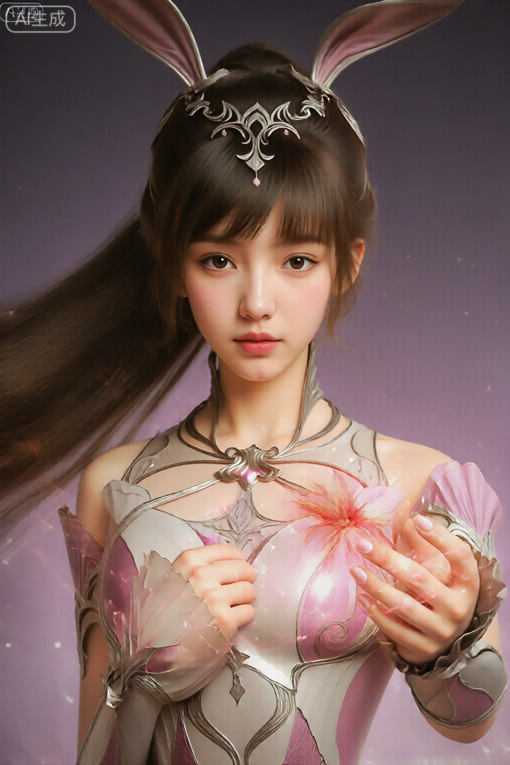 图像描绘了一位年轻女子,拥有长长的、飘逸的棕色头发,戴着设计复杂的银色头饰和两只大的粉红色兔子耳朵。她的眼睛很大,表情丰富,目光柔和。她穿着一套精致的、充满奇幻风格的服装,包括金属、银色和粉色的紧身胸衣,上面有花卉图案和精致的扇形结构。紧身胸衣上饰有粉色和红色的花朵图案,她的双手周围有闪闪发光的颗粒,双手在胸前轻轻地握在一起。背景是柔和的紫色和粉色渐变,带有细小的漂浮光粒子,营造出梦幻空灵的氛围。整体美学让人想起幻想或动漫角色,注重复杂的细节和神奇的氛围。