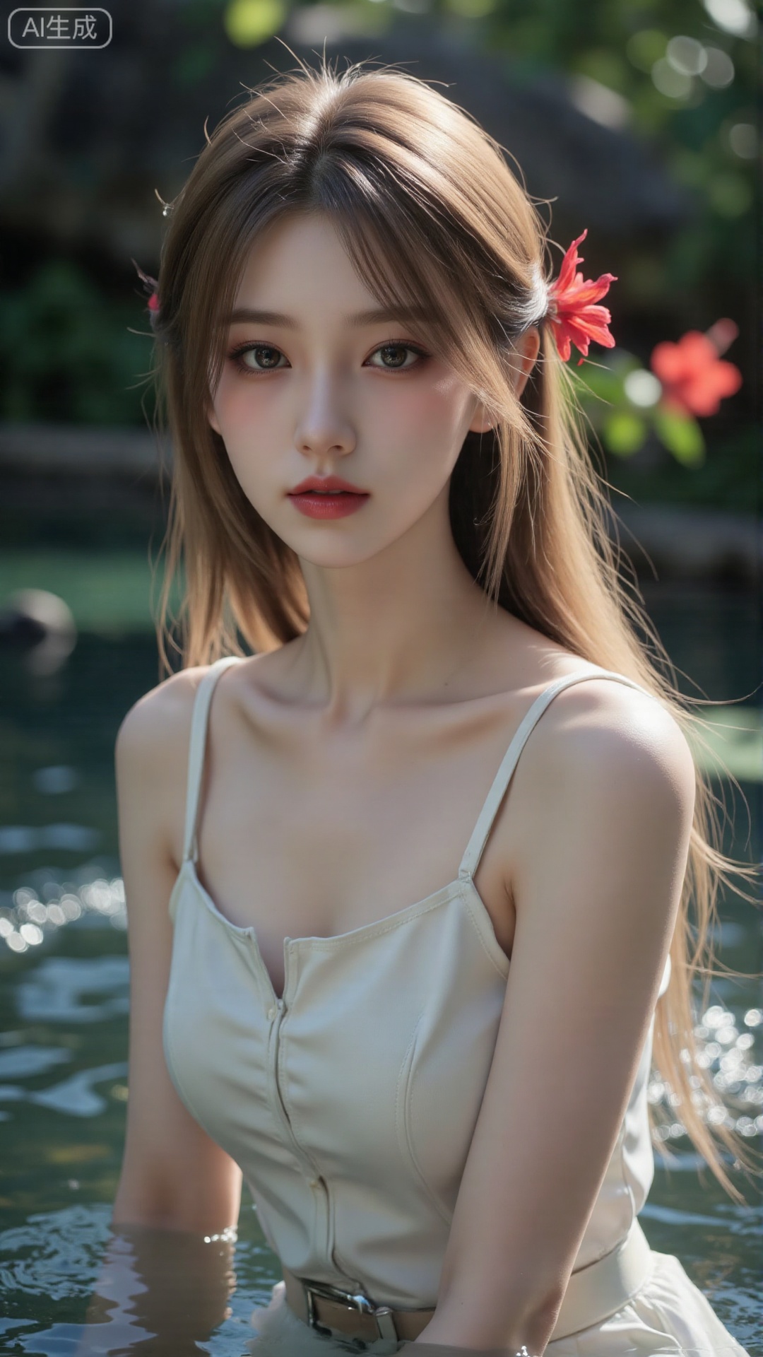 1girl, solo, long hair, breasts, looking at viewer, blush, open mouth, bangs, brown hair, hair ornament, dress, bare shoulders, brown eyes, medium breasts, collarbone, flower, parted lips, hair flower, water, white dress, sleeveless dress, leaf, plant, red flower, partially submerged, hibiscus
,backlighting,depth of field,cinematic lighting,light particles,lens flare, (artist:quasarcake:0.8),extreme aesthetic,(wlop:0.6),masterpiece,best quality,good quality,newest,very aesthetic,absurdres,Visual impact,A shot with tension, ultra-high resolution,32K UHD,sharp focus,best-quality,masterpiece,Emotionalization,unconventional supreme masterpiece,masterful details,temperate atmosphere,with a high-end texture,in the style of fashion photography, (alzi xiaomI:1.2),(mogumo:1.1),(good hands, nice hands:0.5),giving the poster a dynamic and visually striking appearance,impactful picture,offcial art,colorful,movie perspective, masterpiece,best quality,amazing quality,very aesthetic,absurdres,best quality,newest