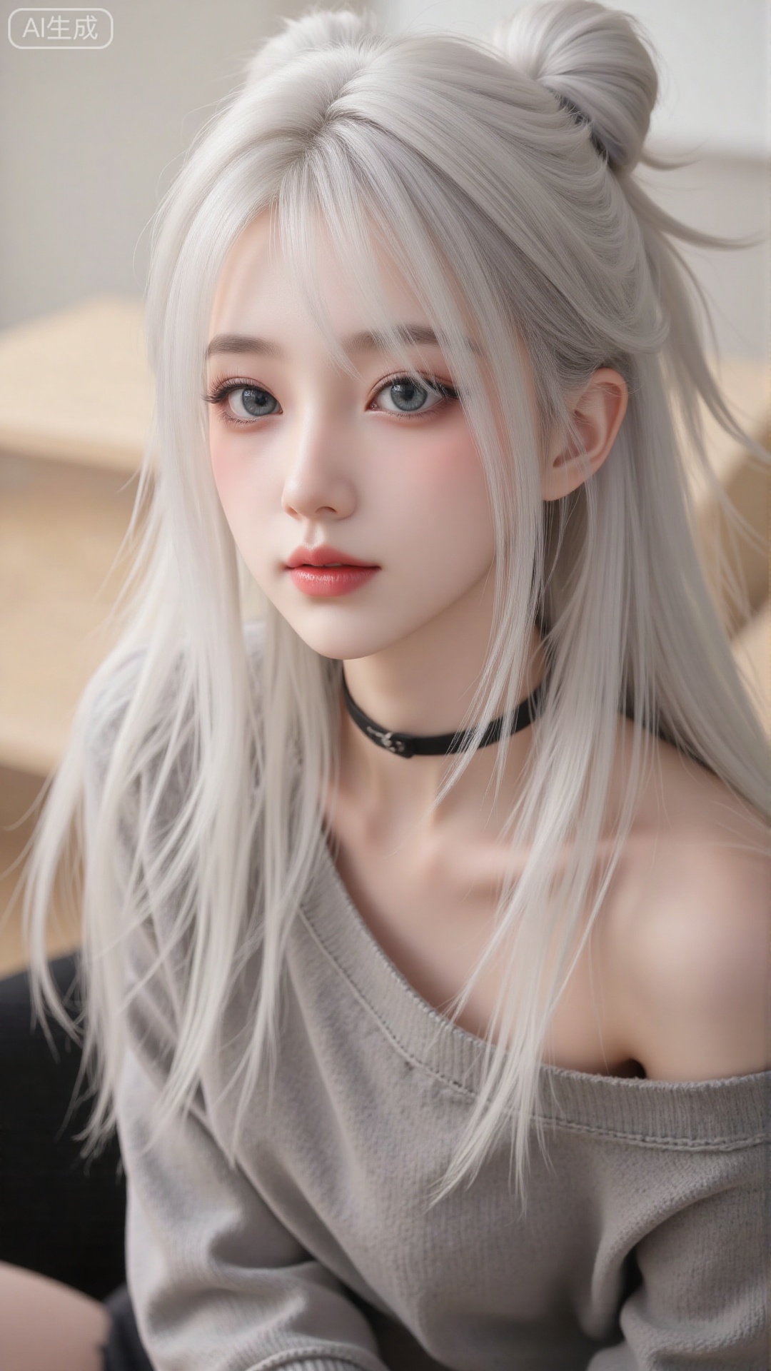 1girl, solo, long hair, looking at viewer, smile, sitting, collarbone, off shoulder, sweater, messy hair, realistic