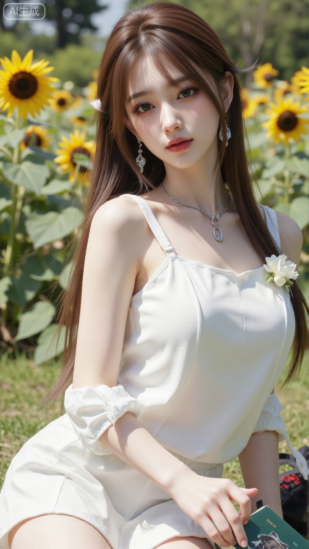 1girl, solo, long hair, brown hair, long sleeves, dress, ribbon, bare shoulders, jewelry, flower, earrings, outdoors, lying, white dress, book, sunflower, ,Light, shadow ,Illustration, lightshadow,shadow,masterpiece,best quality,good quality,very aesthetic,A shot with tension,impactful picture,offcial art,movie perspective,masterpiece,facing the lens,best quality,very aesthetic,extremely delicate and beautiful,huge filesize,amazing quality,solo_focus,depth_of_field,sunlight,reflective,masterful details,intricate details, high contrast,natural skin texture,soft light,sharp,ultra-high resolution,32K UHD,