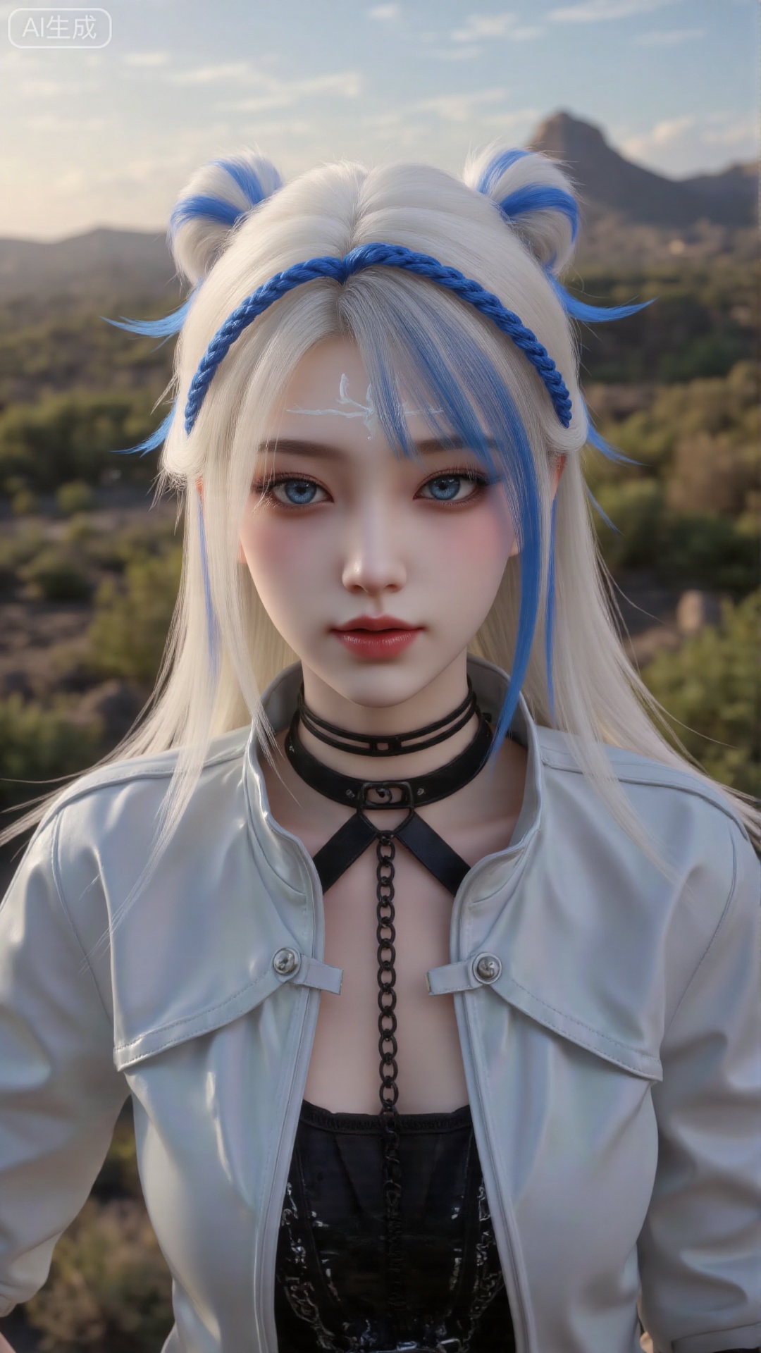 1girl, white hair, solo, clothes, mischevious smile, perfect body, scenery, sharp focus, best quality, masterpiece, detailed outfit, illustration, perfect eyes, finely detailed beautiful anime eyes, realistic skin, intricate details, best lighting, depth of field, ultra high resolution, cowboy shot