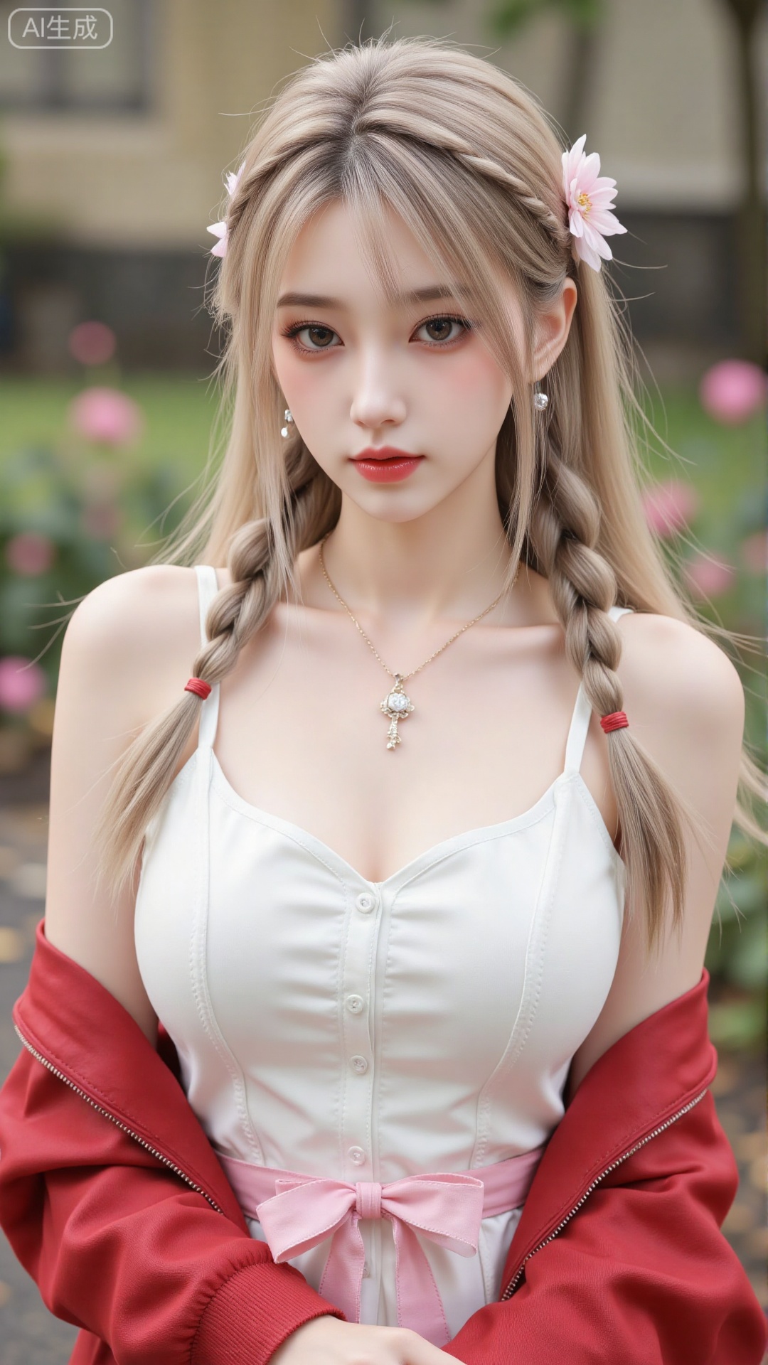 1girl,solo,jewelry,flower,hair flower,hair ornament,necklace,realistic,brown eyes,looking at viewer,dress,blurry background,twin braids,blurry,white dress,long hair,upper body,breasts,pink bow,red jacket,bare shoulders,lips,collarbone,outdoors,cleavage,large natural breast,soft breasts,huge Breasts