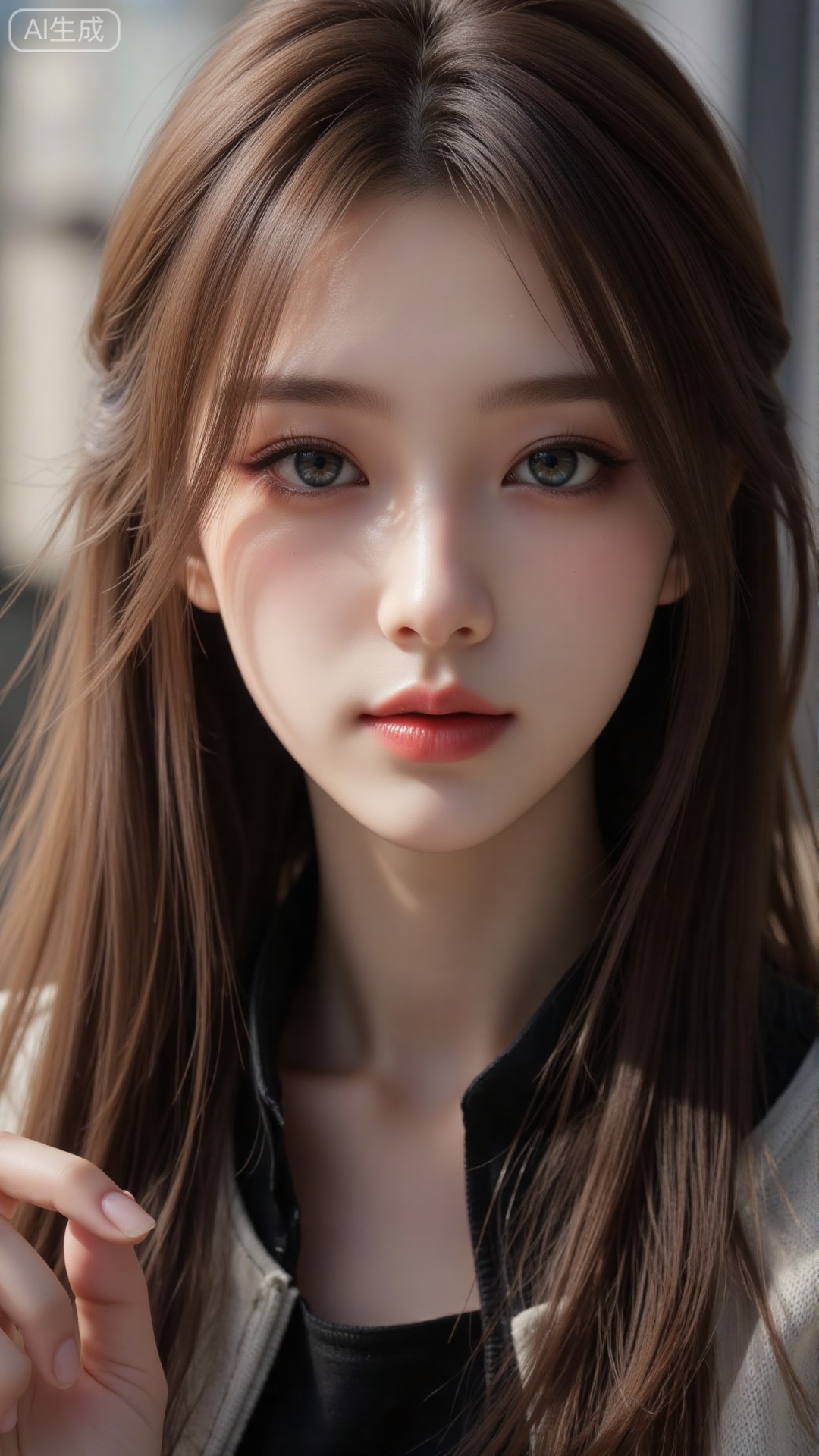  a asian woman, sexy long hair, blue eyes, charming and seductive temperament, distant close-up, golden ratio, movie texture, minimalism, high-end feeling, strong contrast between cold and warm, outdoor scenes, 