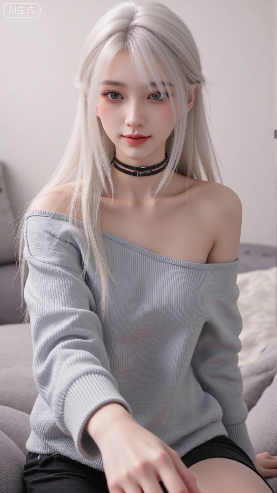 1girl, solo, long hair, looking at viewer, smile, sitting, collarbone, off shoulder, sweater, messy hair, realistic