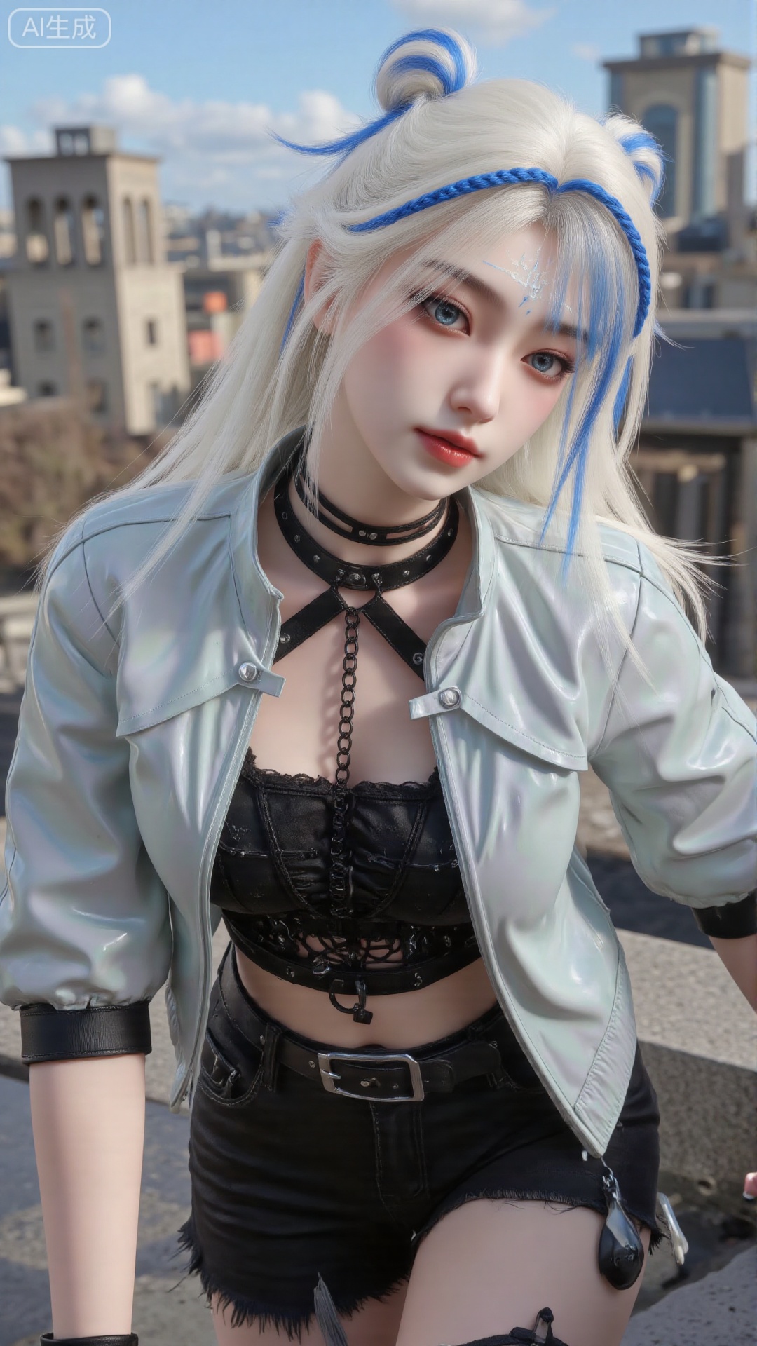 1girl, white hair, solo, clothes, mischevious smile, perfect body, scenery, sharp focus, best quality, masterpiece, detailed outfit, illustration, perfect eyes, finely detailed beautiful anime eyes, realistic skin, intricate details, best lighting, depth of field, ultra high resolution, cowboy shot