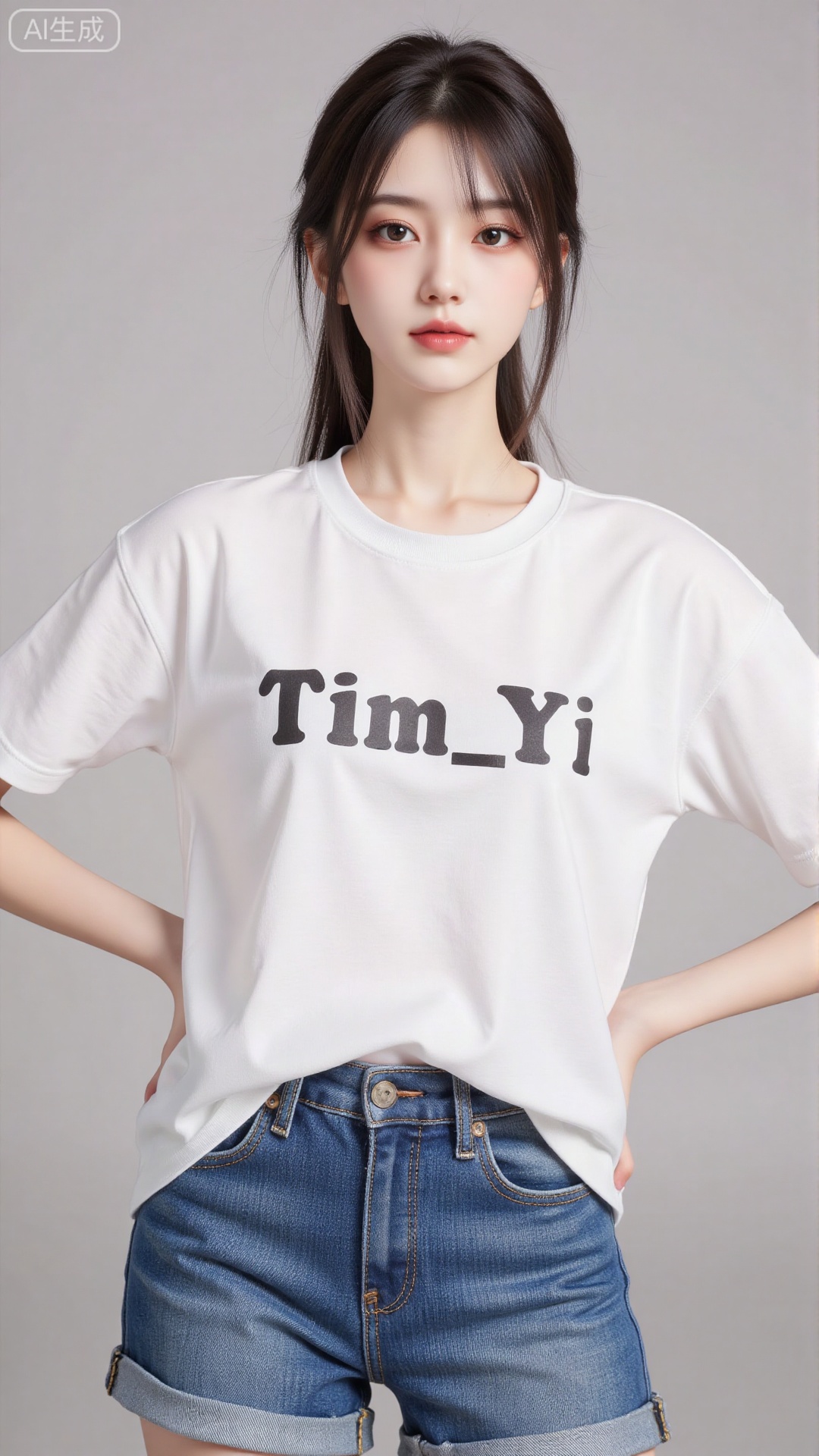 White t-shirt with ”Tim_Yi“ written on it, jeans shorts,1girl