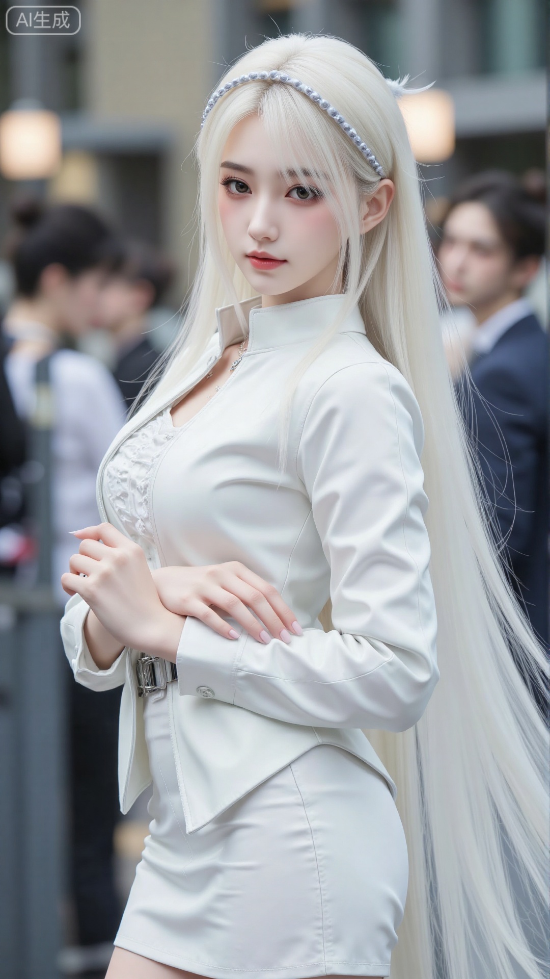 1girl, white wedding dress,looking at viewer, mischevious smile, perfect body, scenery, sharp focus, best quality, masterpiece, detailed outfit, illustration, perfect eyes, finely detailed beautiful anime eyes, realistic skin, intricate details, best lighting, depth of field, ultra high resolution, cowboy_shot, bride