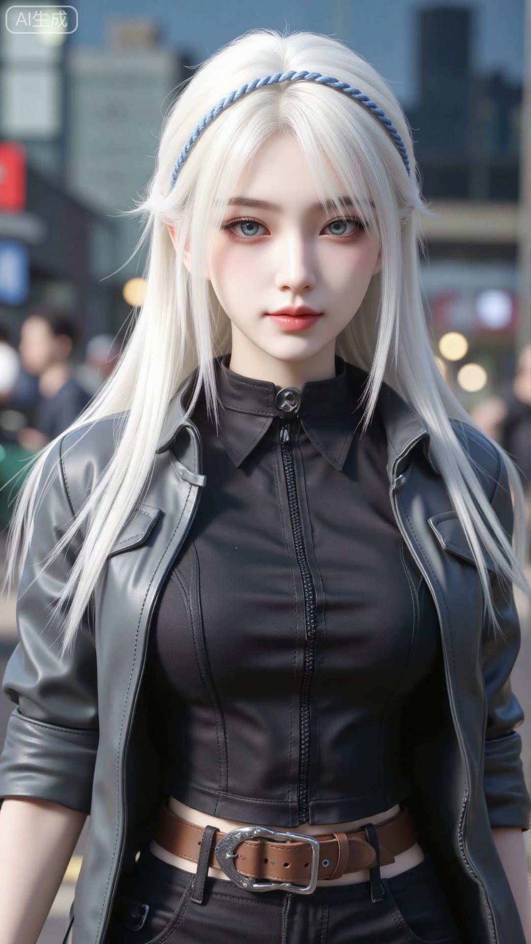 1girl, white hair, solo, clothes, mischevious smile, perfect body, scenery, sharp focus, best quality, masterpiece, detailed outfit, illustration, perfect eyes, finely detailed beautiful anime eyes, realistic skin, intricate details, best lighting, depth of field, ultra high resolution, cowboy shot