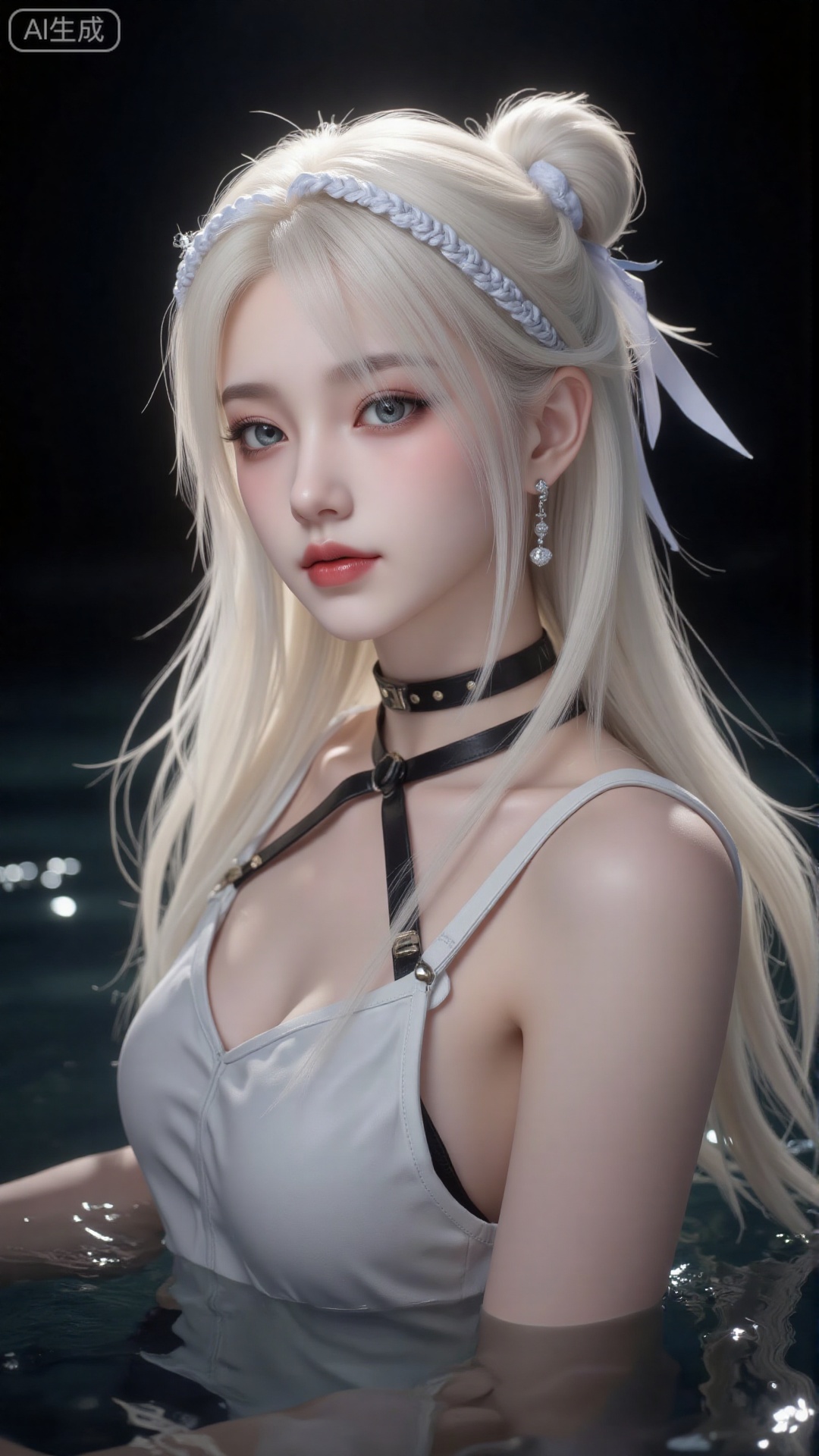 1girl, solo, long hair, red lips,looking at viewer, upper body, glowing hair,hair ornament,white sling shirt,bare shoulders,in water,hair bun,ribbon,earrings,black background,light,dark background