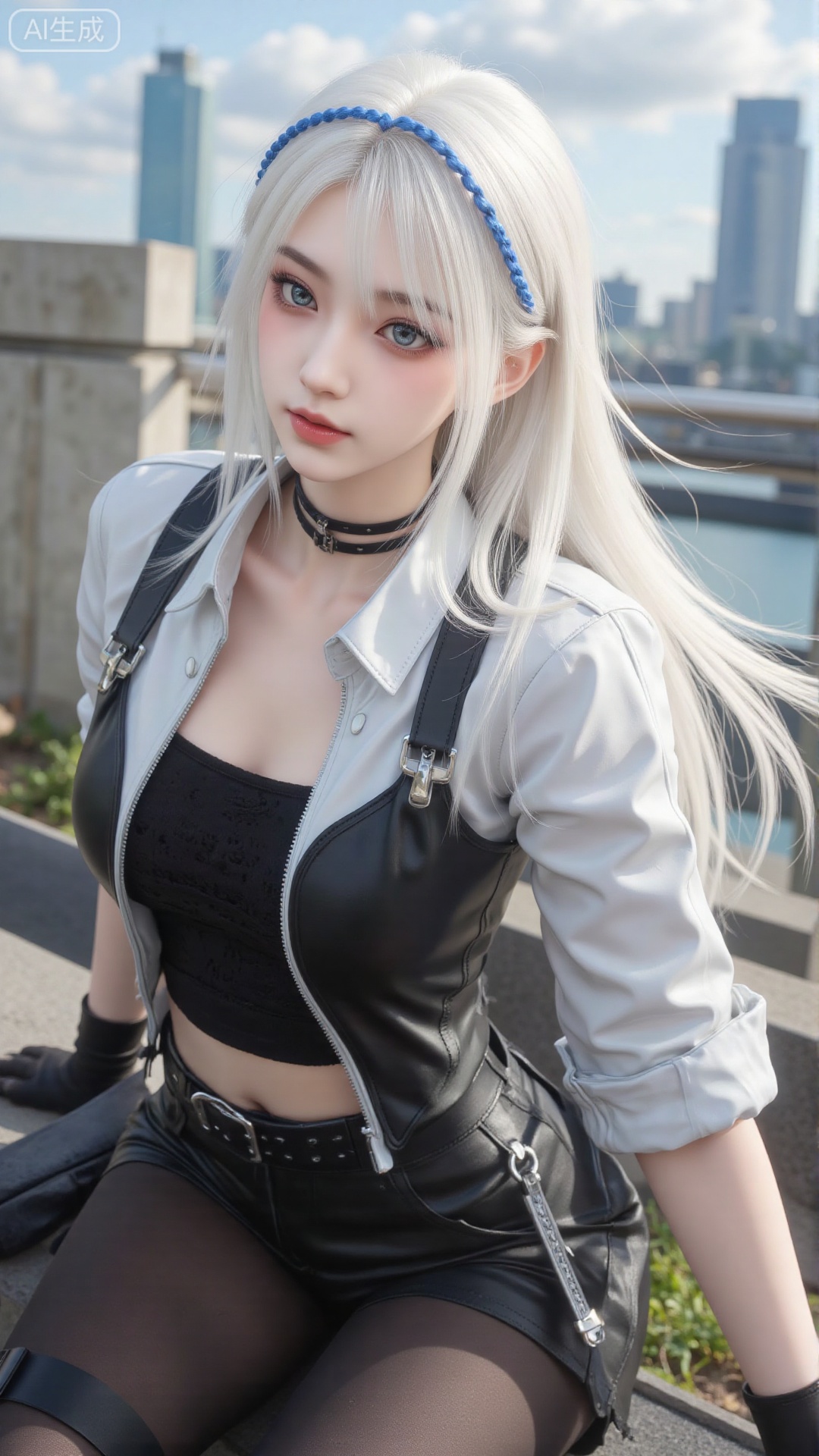 1girl, white hair, solo, clothes, mischevious smile, perfect body, scenery, sharp focus, best quality, masterpiece, detailed outfit, illustration, perfect eyes, finely detailed beautiful anime eyes, realistic skin, intricate details, best lighting, depth of field, ultra high resolution, sitting