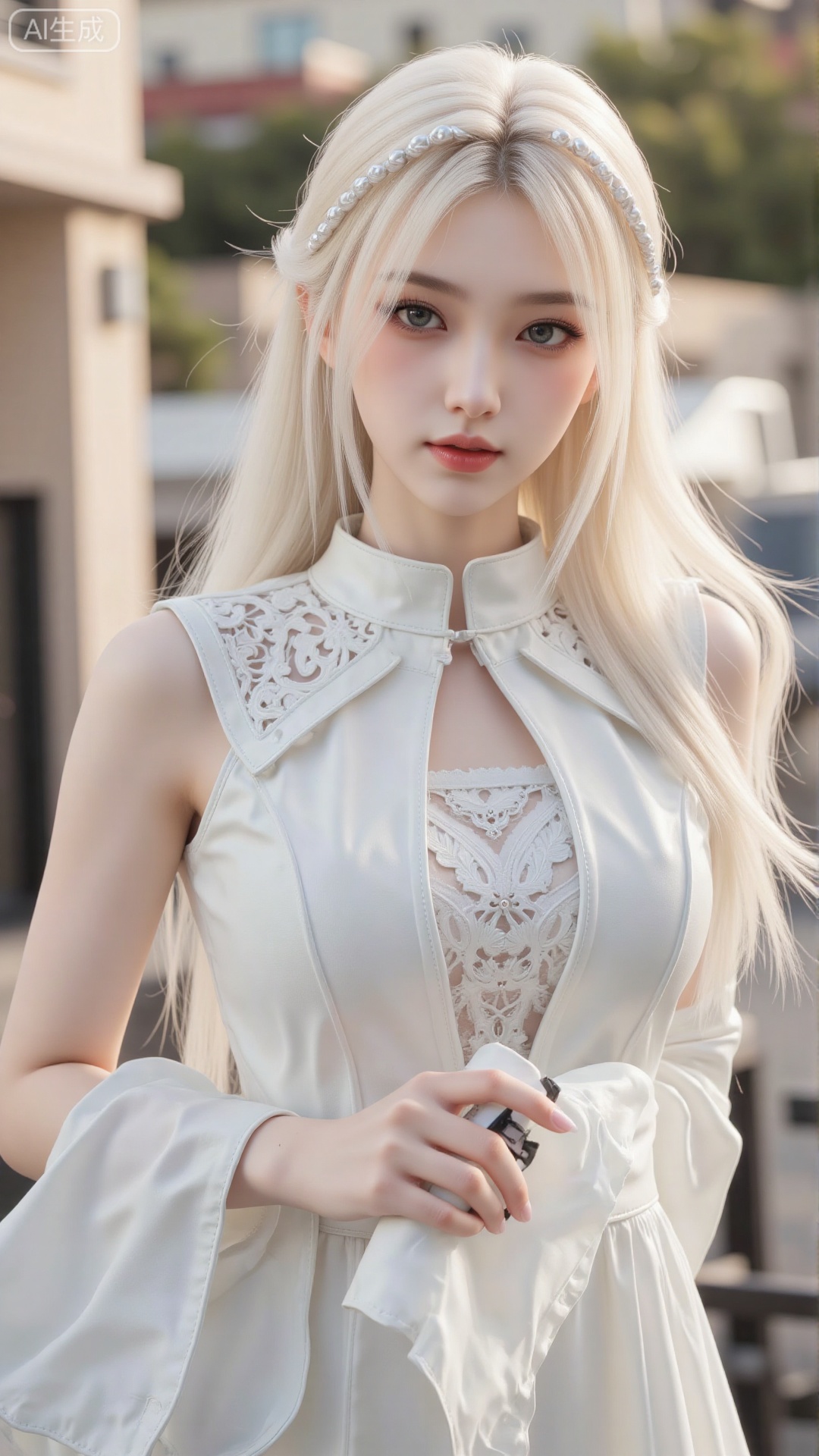 1girl, white wedding dress,looking at viewer, mischevious smile, perfect body, scenery, sharp focus, best quality, masterpiece, detailed outfit, illustration, perfect eyes, finely detailed beautiful anime eyes, realistic skin, intricate details, best lighting, depth of field, ultra high resolution, cowboy_shot, bride