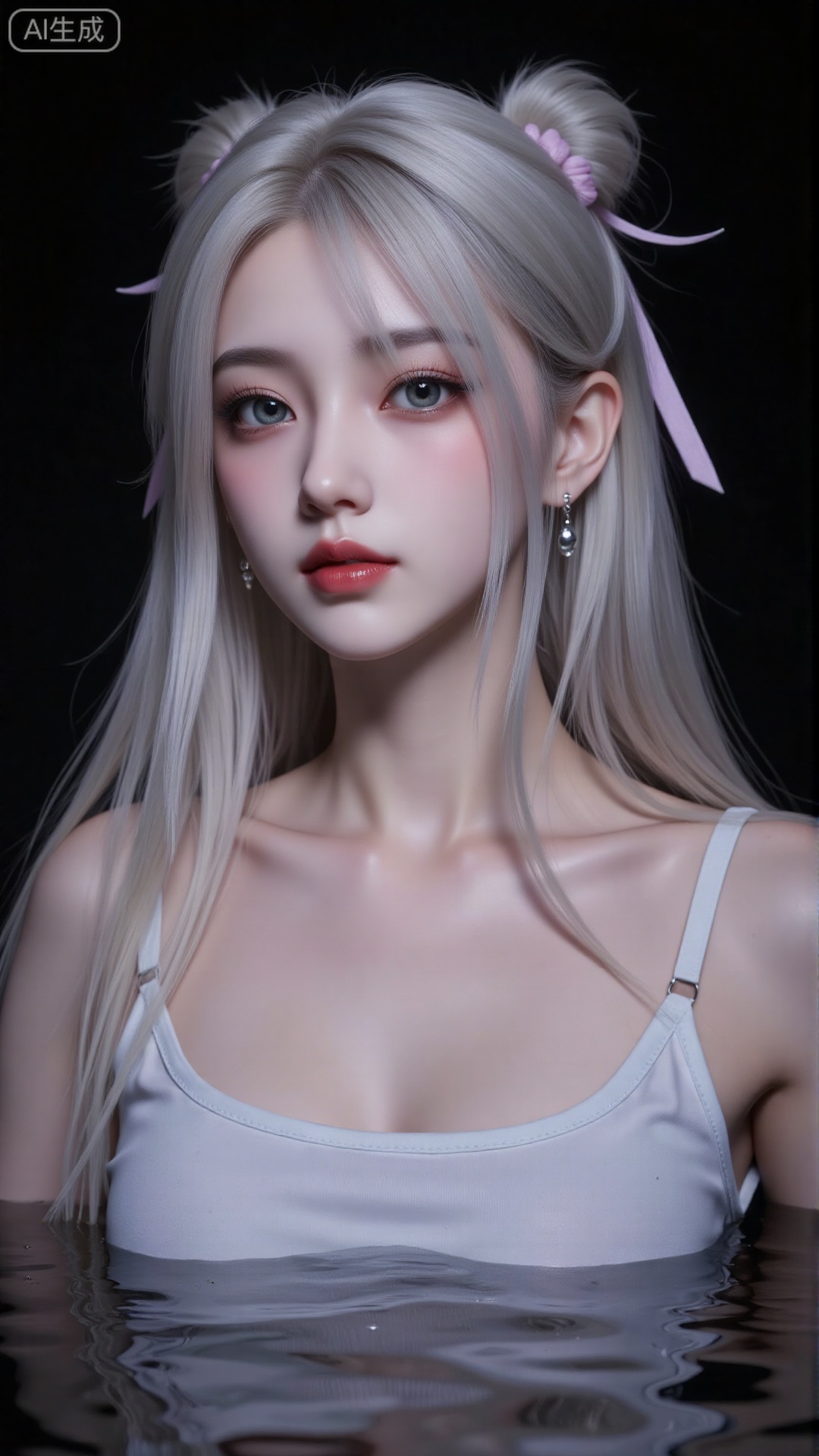 1girl, solo, long hair, red lips,looking at viewer, upper body, glowing hair,hair ornament,white sling shirt,bare shoulders,in water,hair bun,ribbon,earrings,black background,light,dark background