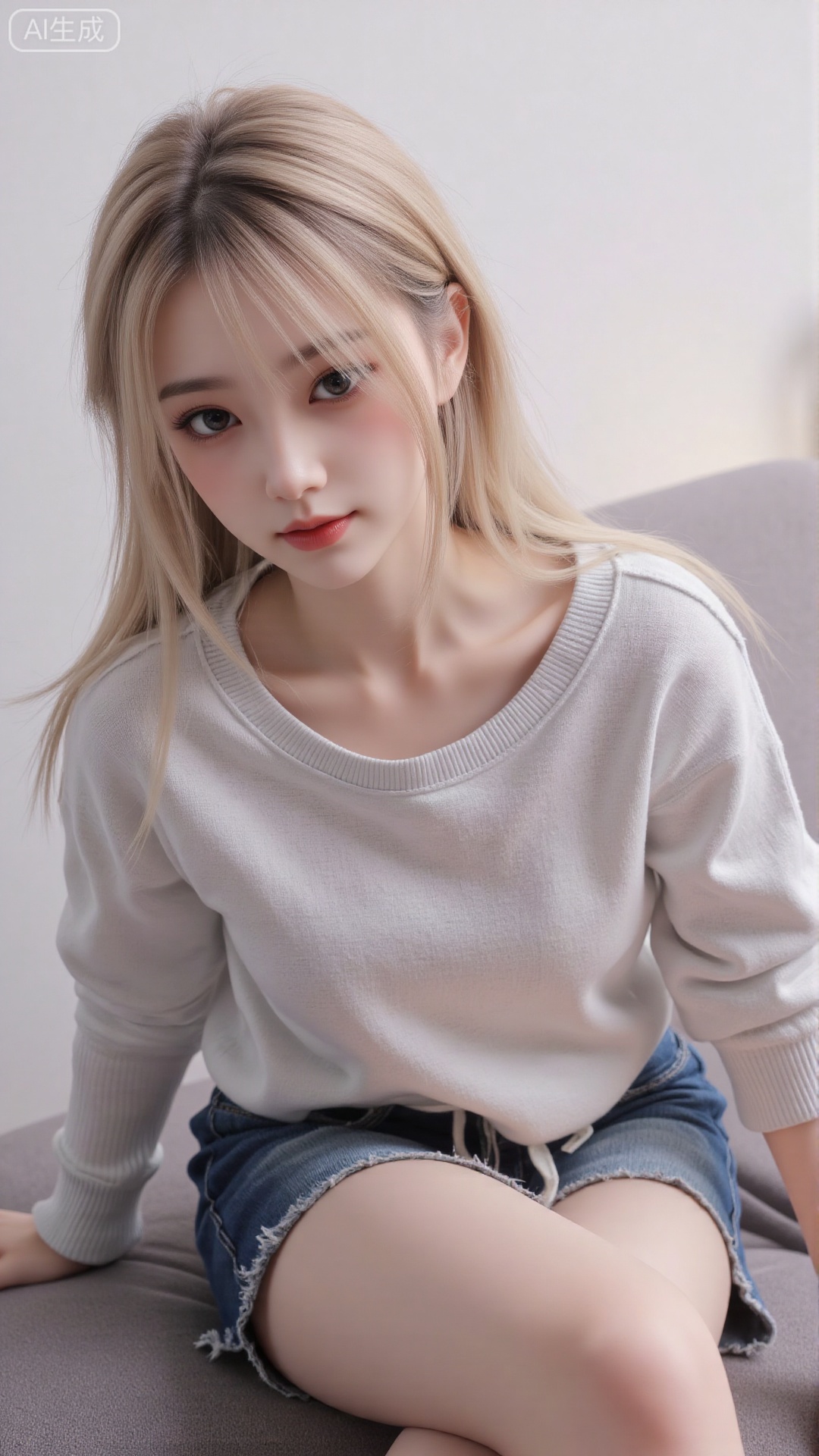 1girl, solo, long hair, looking at viewer, smile, sitting, collarbone, off shoulder, sweater, messy hair, realistic