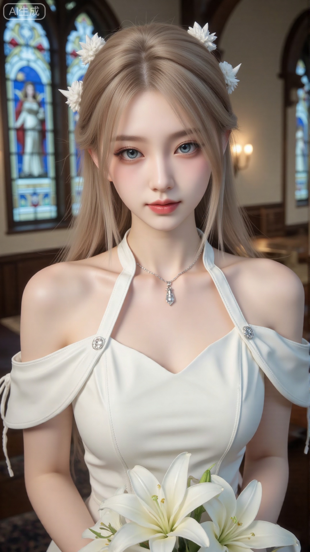 masterpiece,very aware,highres,absurdres,newest,best quality,high quality,chromatic_aberration,cinematic_angle,dutch angle,blurry_foreground,
1girl, flower, solo, hair ornament, dress, bouquet, stained glass, hair flower, holding bouquet, white dress, holding, looking at viewer, necklace, jewelry, church, white flower, virtual youtuber, lily (flower), earrings, closed mouth, bare shoulders, indoors, off-shoulder dress, aqua eyes, long hair, off shoulder, wedding dress, light smile, mole, blue eyes, upper body, collarbone, holding flower,
photorealistic
