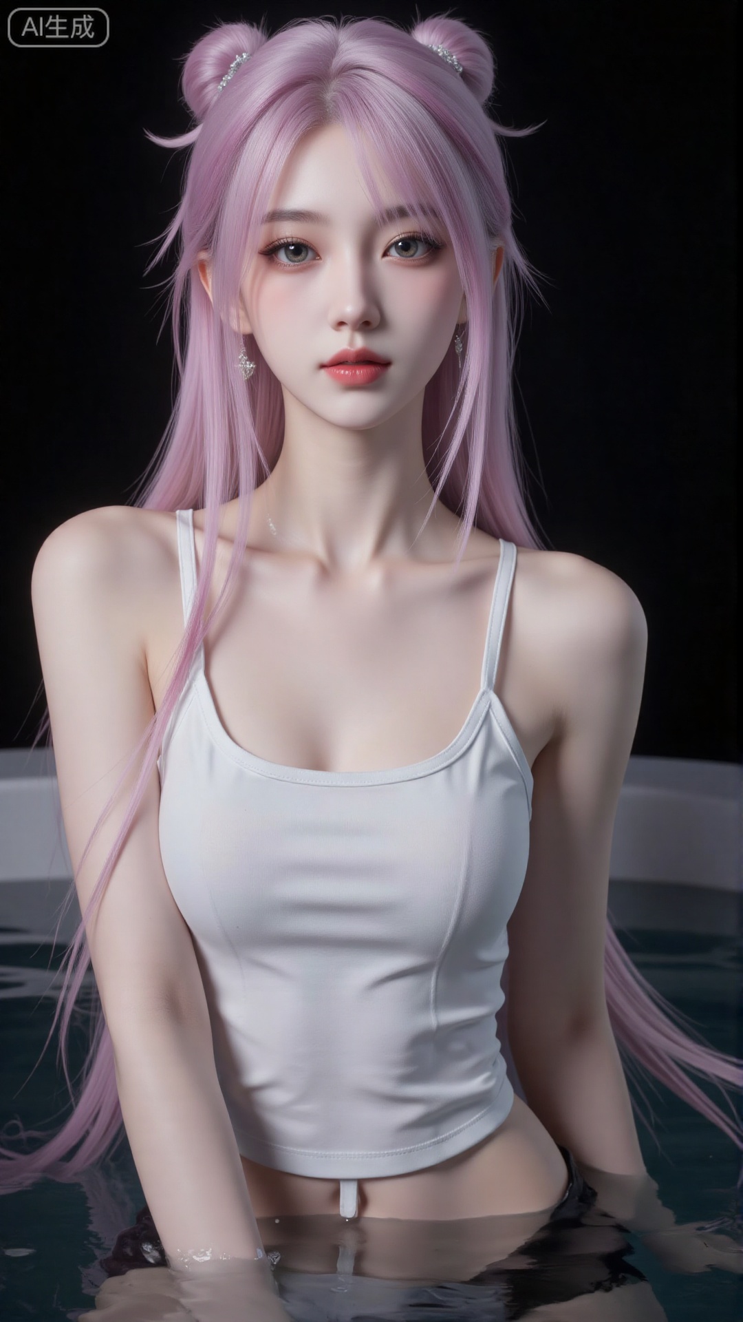 1girl, solo, long hair, red lips,looking at viewer, upper body, glowing hair,hair ornament,white sling shirt,bare shoulders,in water,hair bun,ribbon,earrings,black background,light,dark background