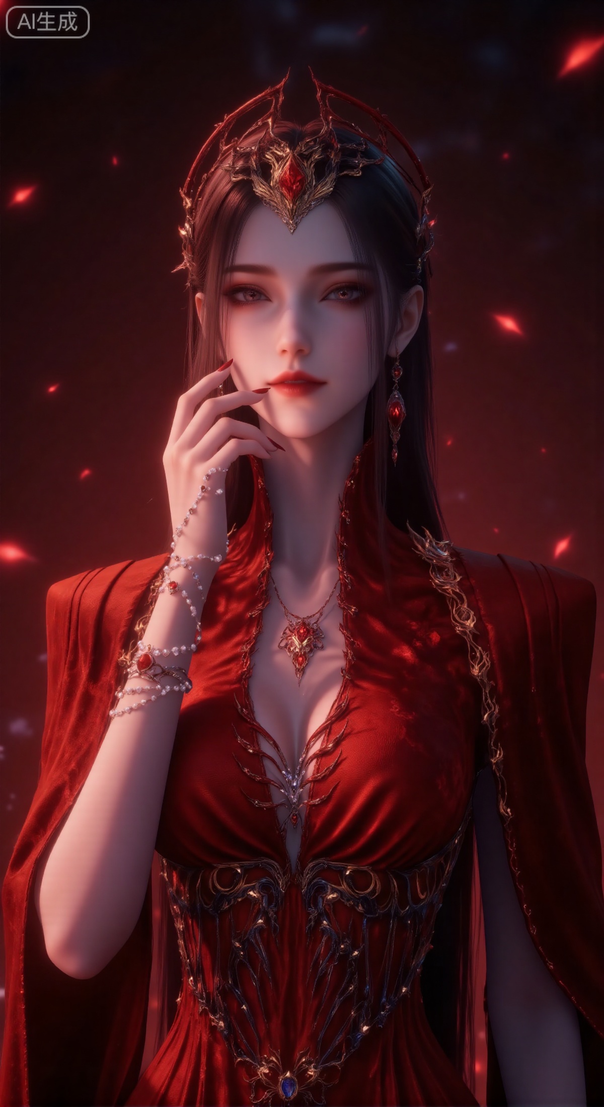 (masterpiece, best quality, ultra-detailed, 8k resolution, sharp focus), an enchanting Eastern-style woman with a flawless face, dramatic eye makeup with glitter, and full, vibrant lips. Her gaze is alluring and mysterious. She gently touches her cheek with the long, sharp nails of one hand, wearing a multi-strand pearl bracelet on her wrist. An elaborate golden and black headdress adorns her head, with sleek black hair flowing down. She is dressed in a luminous red silk gown with a low neckline, accessorized with a delicate necklace featuring a unique spider or flame-shaped pendant. The background is a blur of warm-toned light and shadow, dominated by deep reds and purples, creating a hazy, dreamlike atmosphere. Centered composition. Dramatic lighting focuses on her face, shoulders, and jewelry, highlighting her expression and opulent details. Neo-Chinese aesthetic, concept art, highly detailed, cinematic lighting, trending on ArtStation.
