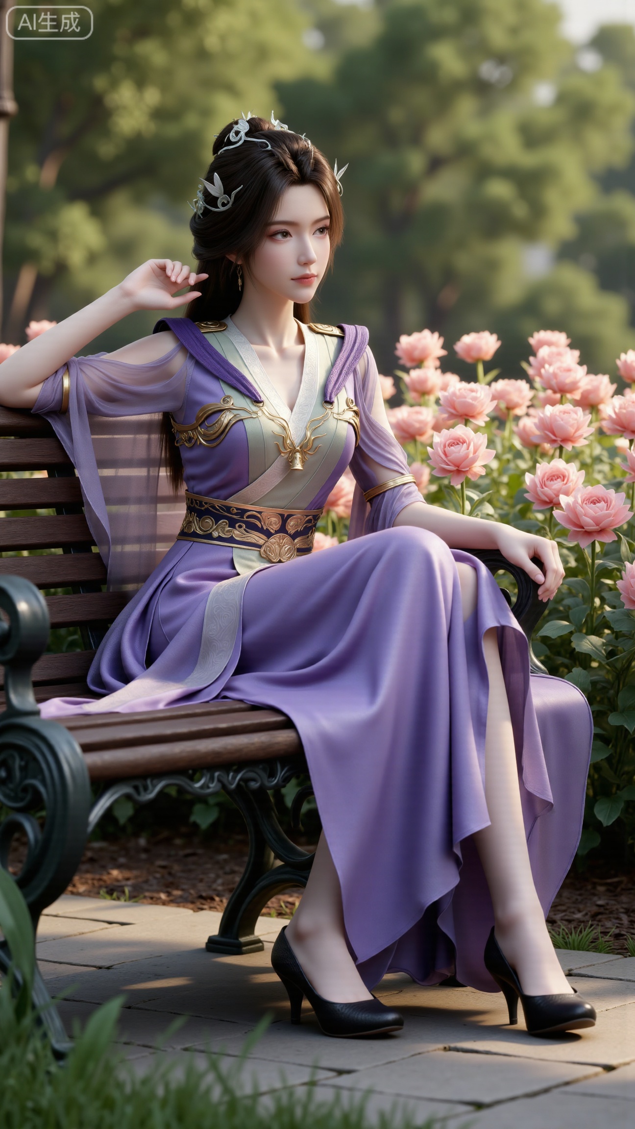 (masterpiece, best quality:1.2),A beauty ,(light purple long dress). black Stockings, high heels,, paired with a sheer knitted cardigan and Mary Jane shoes. Leaning on a garden bench filled with macaron - colored flowers,.Sunlight filters through the leaves onto her face, creating a lazy and gentle atmosphere, and her skirt sways softly in the breeze. 8K resolution, detailed texture of knitted fabric, lustrous pearl texture, vivid flower colors, soft natural light, Instagram - style filter texture.,(huge breasts:2.99),(full breasts:2.99),XbaifengsongyuYH,Xbigbreasts,,XtianqiongYH,XhanyunzhiXYH