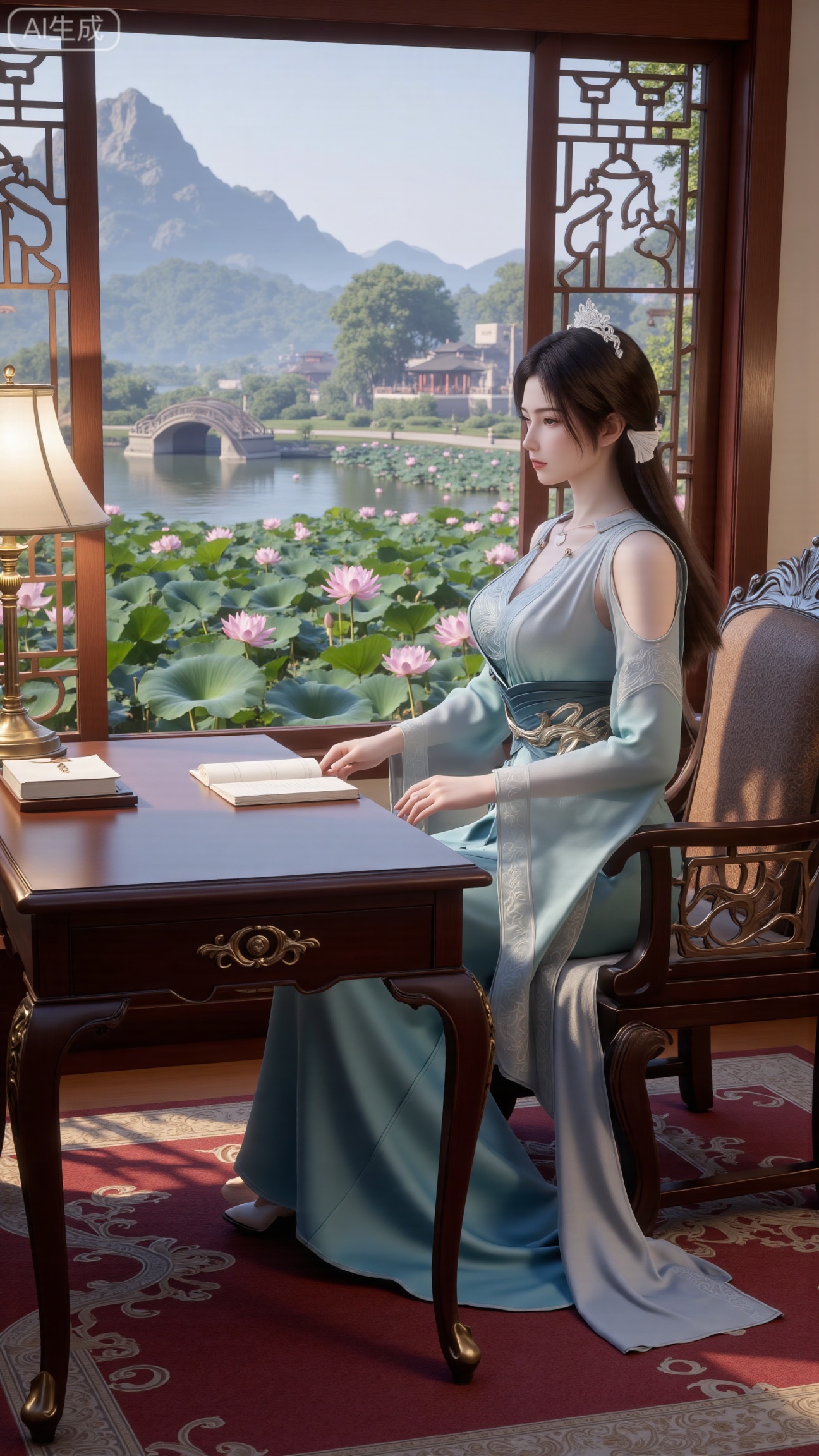 (masterpiece, best quality:1.2),1girl, solo, long dress,Ancient princesss boudoir with bright color palette,,(huge breasts:2.59),(full breasts:2.39), Hanfu-clad maiden sitting by latticed window desk in romantic daydreaming posture, classical Chinese garden through window showcasing lotus pond filled with blooming pink and white lotuses, delicate ink-wash painting style, interior featuring rosewood furniture with mother-of-pearl inlay, silk curtains fluttering in breeze, porcelain stationery set on desk, distant view of curved bridges and pavilions in garden, ultra HD rendering with crisp details on embroidered garments and translucent lotus petals,,(huge breasts:2.99),(full breasts:2.99),,XbaifengsongyuYH,Xbigbreasts,,XtianqiongYH,XhanyunzhiXYH,Xchangtui