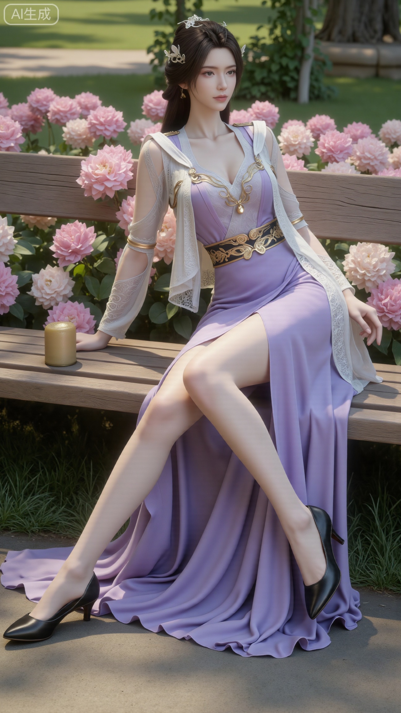 (masterpiece, best quality:1.2),A beauty ,(light purple long dress). black Stockings, high heels,, paired with a sheer knitted cardigan and Mary Jane shoes. Leaning on a garden bench filled with macaron - colored flowers,.Sunlight filters through the leaves onto her face, creating a lazy and gentle atmosphere, and her skirt sways softly in the breeze. 8K resolution, detailed texture of knitted fabric, lustrous pearl texture, vivid flower colors, soft natural light, Instagram - style filter texture.,(huge breasts:2.99),(full breasts:2.99),XbaifengsongyuYH,Xbigbreasts,,XtianqiongYH,XhanyunzhiXYH,Xchangtui