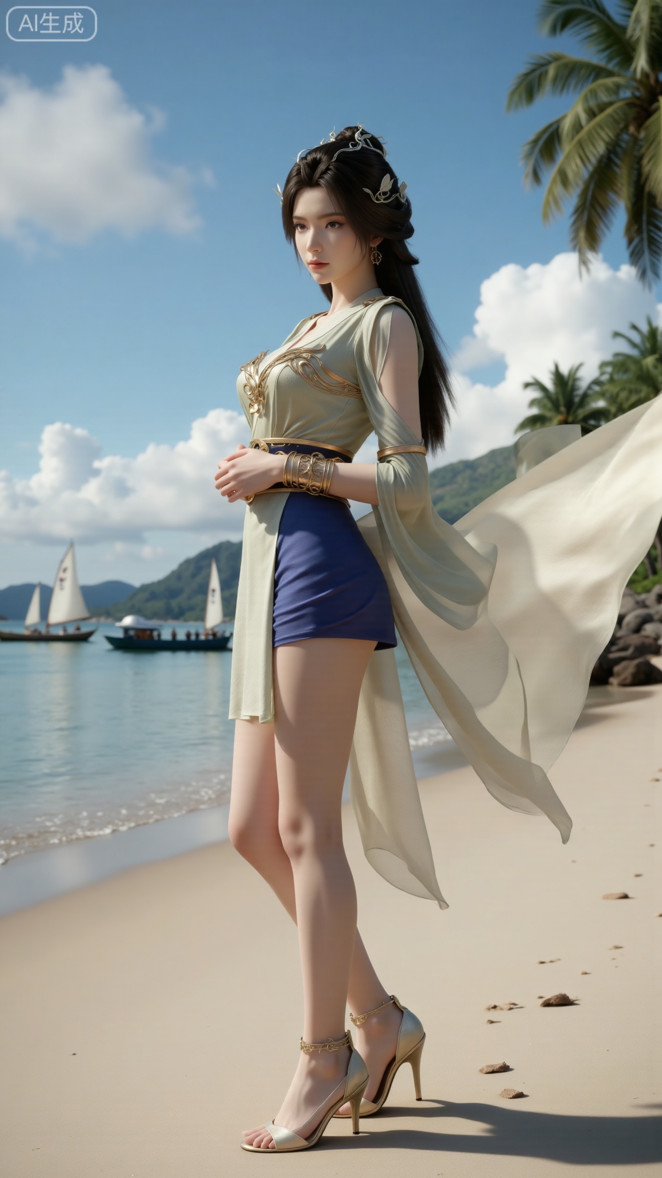  (masterpiece:1.2),best quality,absurdres,masterpiece,original,extremely detailed wallpaper,perfect lighting,1girl,solo,looking at viewer,(cowboy_shot:1.3),short hair,high heels,blurry background,depth of field,motion blur,crystal_earrings,headpiece,in summer,day,outdoors,nature,(standing,Seaside, beach, sailboat, coconut trees:1.59),,(huge breasts:2.59),
,XbaifengsongyuYH,Xbigbreasts,,XtianqiongYH,XhanyunzhiXYH