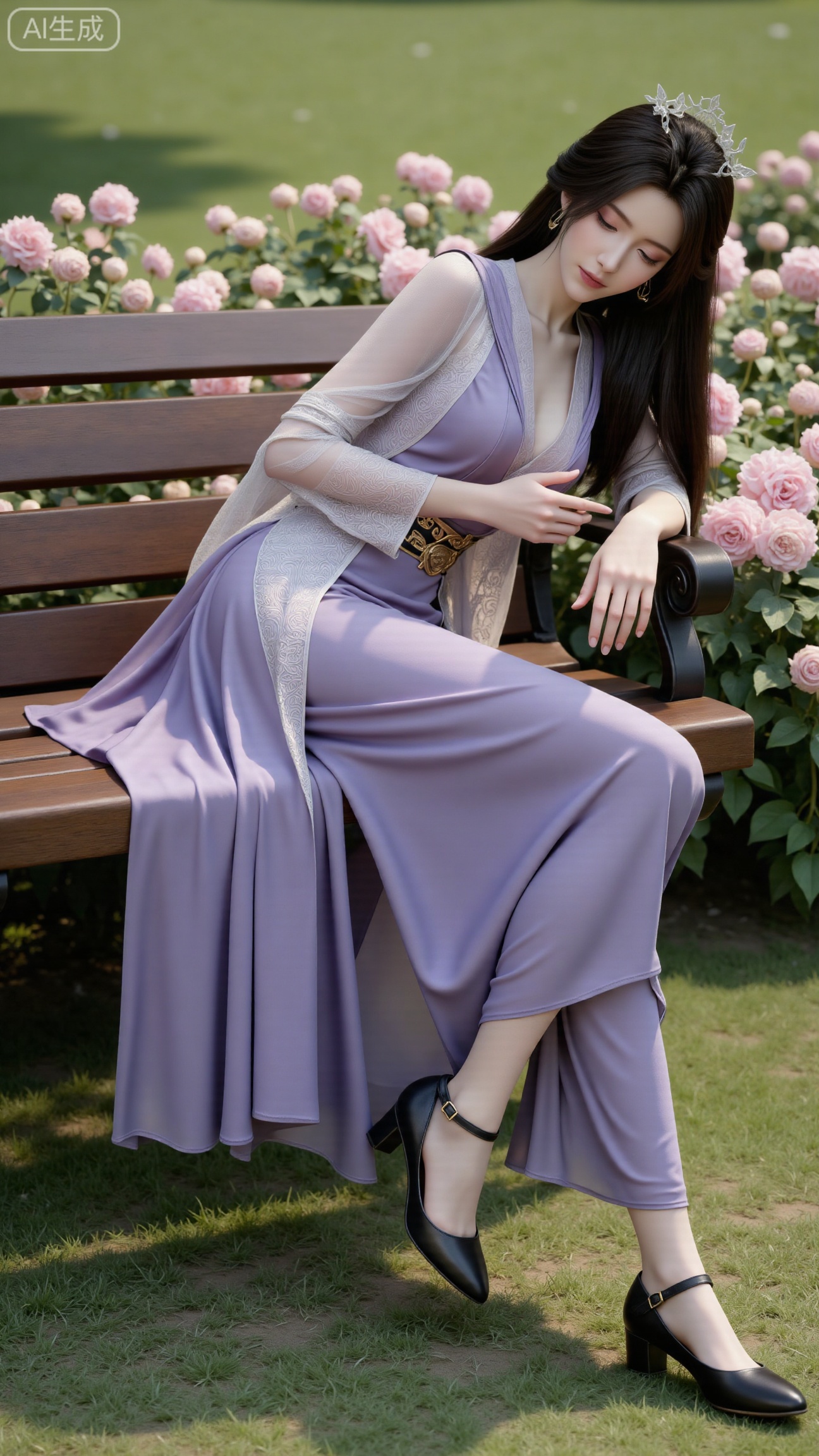 (masterpiece, best quality:1.2),A beauty ,(light purple long dress). black Stockings, high heels,, paired with a sheer knitted cardigan and Mary Jane shoes. Leaning on a garden bench filled with macaron - colored flowers,.Sunlight filters through the leaves onto her face, creating a lazy and gentle atmosphere, and her skirt sways softly in the breeze. 8K resolution, detailed texture of knitted fabric, lustrous pearl texture, vivid flower colors, soft natural light, Instagram - style filter texture.,(huge breasts:2.99),(full breasts:2.99),XbaifengsongyuYH,Xbigbreasts,,XtianqiongYH,XhanyunzhiXYH,Xchangtui