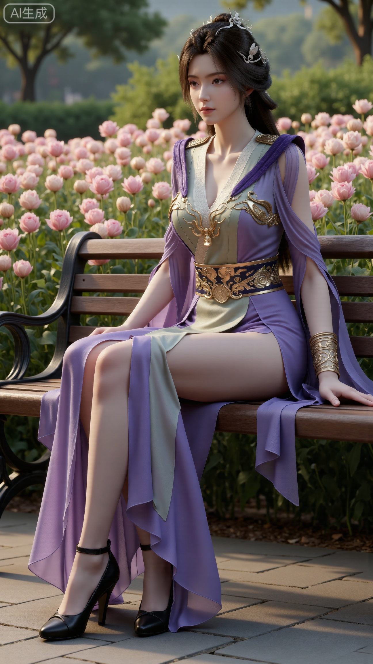 (masterpiece, best quality:1.2),A beauty ,(light purple long dress). black Stockings, high heels,, paired with a sheer knitted cardigan and Mary Jane shoes. Leaning on a garden bench filled with macaron - colored flowers,.Sunlight filters through the leaves onto her face, creating a lazy and gentle atmosphere, and her skirt sways softly in the breeze. 8K resolution, detailed texture of knitted fabric, lustrous pearl texture, vivid flower colors, soft natural light, Instagram - style filter texture.,(huge breasts:2.99),(full breasts:2.99),XbaifengsongyuYH,Xbigbreasts,,XtianqiongYH,XhanyunzhiXYH