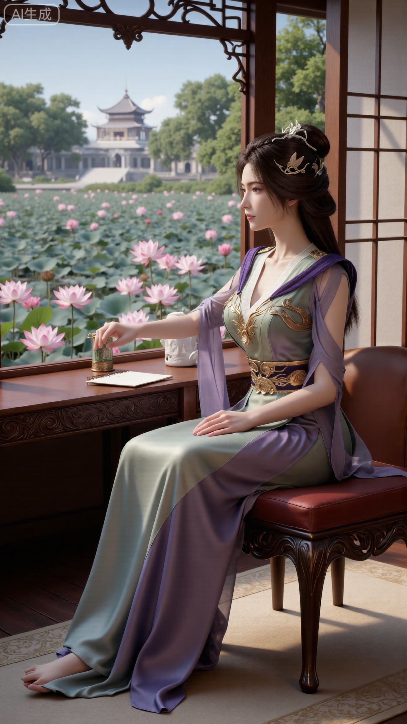 (masterpiece, best quality:1.2),1girl, solo, long dress,Ancient princesss boudoir with bright color palette,,(huge breasts:2.59),(full breasts:2.39), Hanfu-clad maiden sitting by latticed window desk in romantic daydreaming posture, classical Chinese garden through window showcasing lotus pond filled with blooming pink and white lotuses, delicate ink-wash painting style, interior featuring rosewood furniture with mother-of-pearl inlay, silk curtains fluttering in breeze, porcelain stationery set on desk, distant view of curved bridges and pavilions in garden, ultra HD rendering with crisp details on embroidered garments and translucent lotus petals,,(huge breasts:2.99),(full breasts:2.99),,XbaifengsongyuYH,Xbigbreasts,,XtianqiongYH,XhanyunzhiXYH,Xchangtui