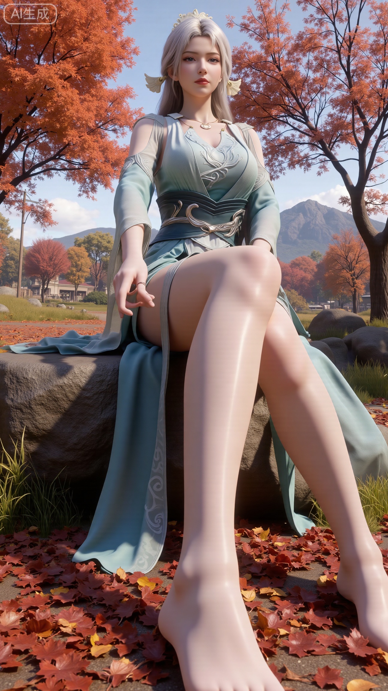 A beautiful woman seated on a stone, barefoot with a close - up of her feet. Taken from a low - angle perspective. Overall Concept: Create a visually stunning, aesthetically pleasing scene where the subject seamlessly blends with the natural environment, facing the viewer directly. The composition fully encompasses the character and the surrounding autumnal foliage, offering an expansive view. The character serves as the focal point, while the fallen leaves enhance the overall ambiance. Key elements include maple trees and fallen leaves. Perspective: The subject looks directly into the camera. Shot from a low - angle, upward perspective, this vantage point clearly showcases the spatial relationship between the character and the fallen leaves on the ground, providing a unique visual experience. Poses: Seated on the stone, one hand rests naturally on her leg, while the other relaxes by her side. Emphasize her delicate hands and fingers..,(huge breasts:2.99),(full breasts:2.99),XbaifengsongyuYH,Xbigbreasts,,XtianqiongYH,XhanyunzhiXYH,Xchangtui
