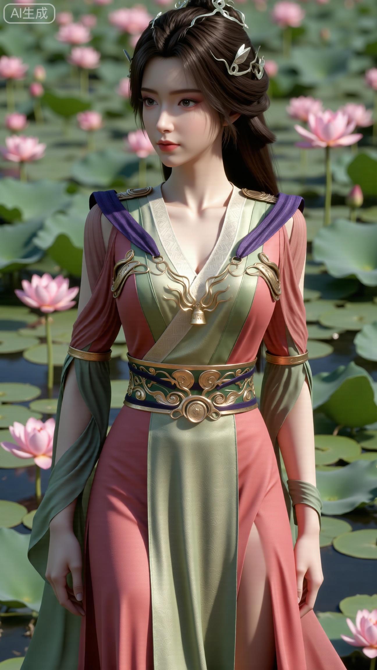 (masterpiece, best quality:1.2),1girl, navel, solo, midriff, bare shoulders, hair ornament,(long hair),(High double ponytail:1.19), red lips, BREAK, (looking at viewer:1.39), chinese clothes,(Holographic Color long dress:1.36), (lace,Rainbow Gradient Color:1.28), BREAK,blurry, solo focus, long hair, lips, daytime, lipstick, outdoors, standing,upper body,(huge breasts:2.89), background, solo, makeup,(Stockings, high heels:1.29),(huge breasts:2.99),(full breasts:2.99),,(Background with lotus pond and pink lotus flowers:1.39),
,XbaifengsongyuYH,Xbigbreasts,,XtianqiongYH,XhanyunzhiXYH