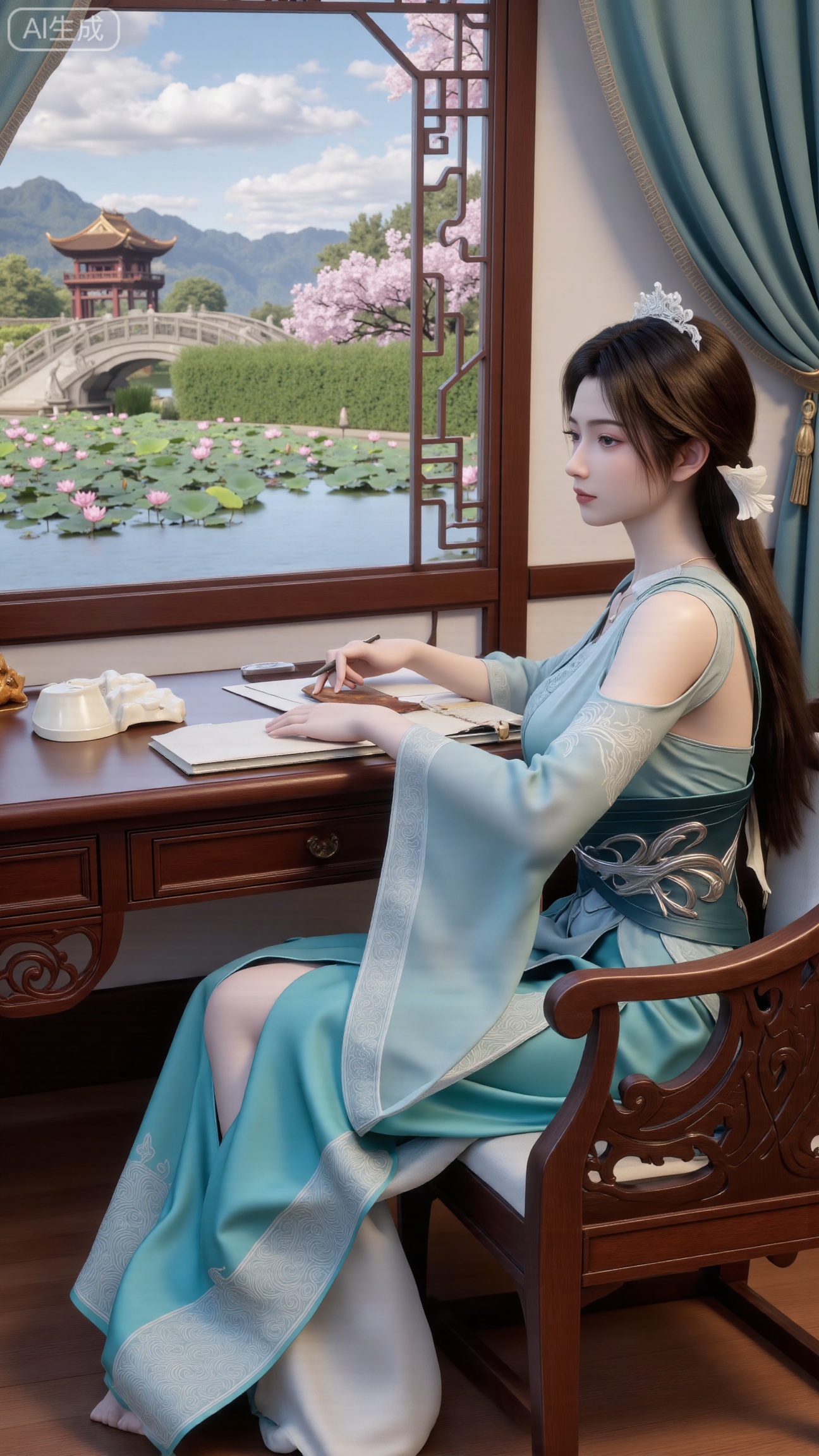 (masterpiece, best quality:1.2),1girl, solo, long dress,Ancient princesss boudoir with bright color palette,,(huge breasts:2.59),(full breasts:2.39), Hanfu-clad maiden sitting by latticed window desk in romantic daydreaming posture, classical Chinese garden through window showcasing lotus pond filled with blooming pink and white lotuses, delicate ink-wash painting style, interior featuring rosewood furniture with mother-of-pearl inlay, silk curtains fluttering in breeze, porcelain stationery set on desk, distant view of curved bridges and pavilions in garden, ultra HD rendering with crisp details on embroidered garments and translucent lotus petals,,(huge breasts:2.99),(full breasts:2.99),,XbaifengsongyuYH,Xbigbreasts,,XtianqiongYH,XhanyunzhiXYH,Xchangtui