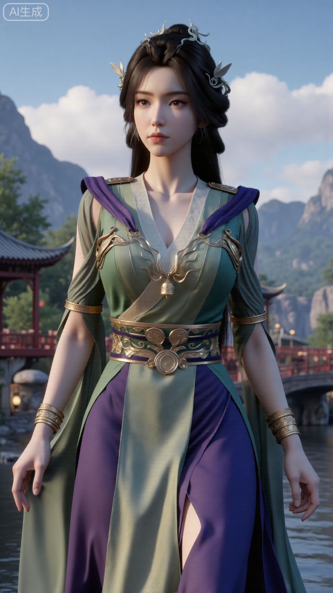 (masterpiece, best quality:1.2),1 girl, solo, long hair, black hair, hair accessories, clothing, cleavage cuts, long dress, jewelry, upper body, earrings. Background is outdoor, sky, clouds, water, trees, architecture, landscape, lantern, mountain, dragon, architecture, bridge, east Asian architecture, fog, pagoda,,(huge breasts:2.99),(full breasts:2.99),,
,XbaifengsongyuYH,Xbigbreasts,,XtianqiongYH,XhanyunzhiXYH