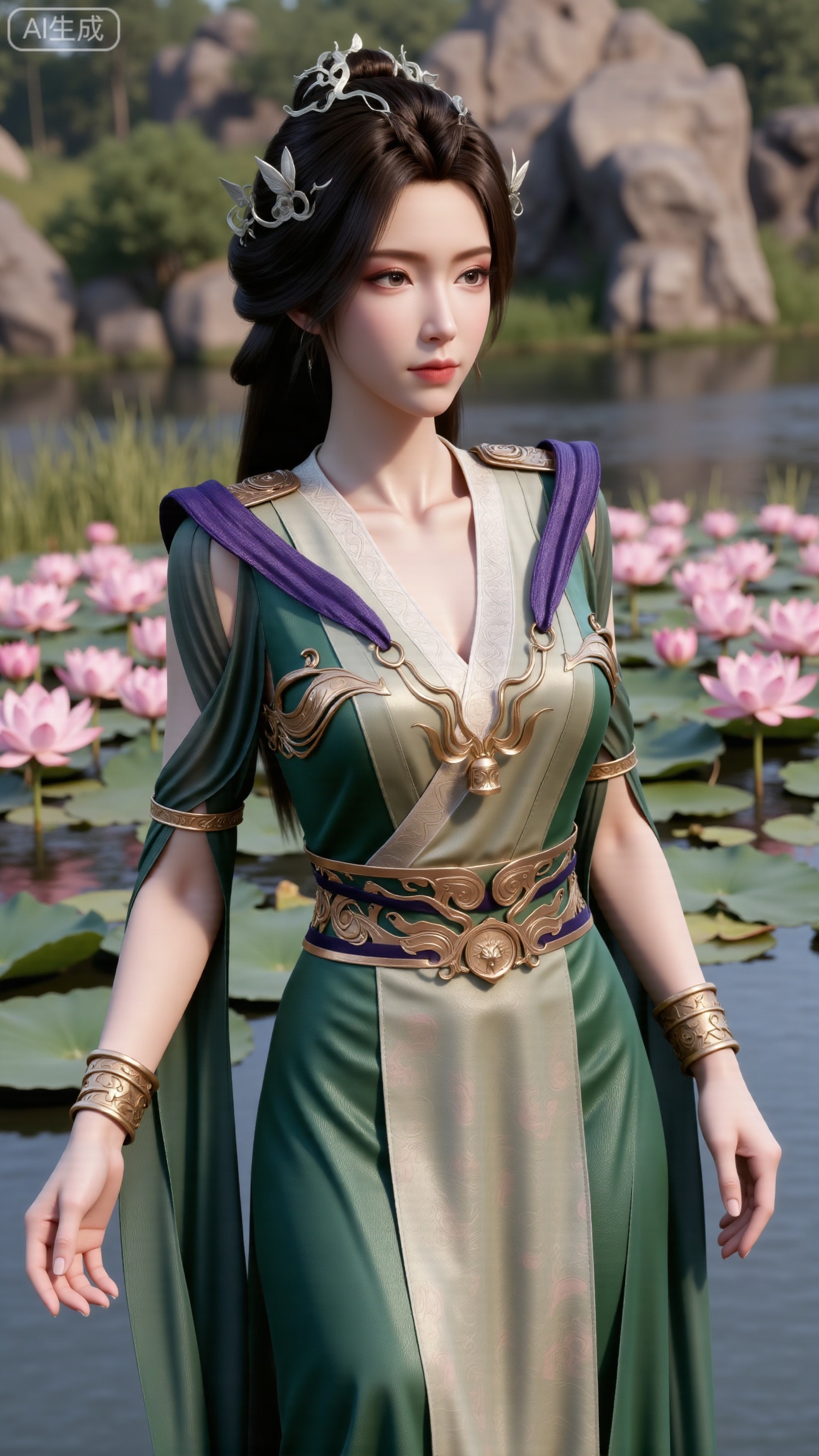 (masterpiece, best quality:1.2),1girl, navel, solo, midriff, bare shoulders, hair ornament,(long hair),(High double ponytail:1.19), red lips, BREAK, (looking at viewer:1.39), chinese clothes,(Holographic Color long dress:1.36), (lace,Rainbow Gradient Color:1.28), BREAK,blurry, solo focus, long hair, lips, daytime, lipstick, outdoors, standing,upper body,(huge breasts:2.89), background, solo, makeup,(Stockings, high heels:1.29),(huge breasts:2.99),(full breasts:2.99),,(Background with lotus pond and pink lotus flowers:1.39),
,XbaifengsongyuYH,Xbigbreasts,,XtianqiongYH,XhanyunzhiXYH