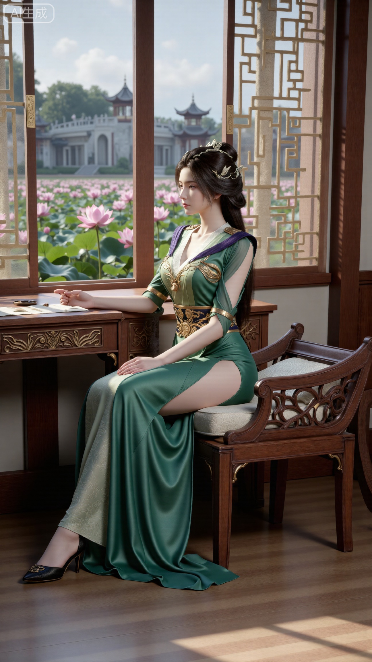 (masterpiece, best quality:1.2),1girl, solo, long dress,Ancient princesss boudoir with bright color palette,,(huge breasts:2.59),(full breasts:2.39), Hanfu-clad maiden sitting by latticed window desk in romantic daydreaming posture, classical Chinese garden through window showcasing lotus pond filled with blooming pink and white lotuses, delicate ink-wash painting style, interior featuring rosewood furniture with mother-of-pearl inlay, silk curtains fluttering in breeze, porcelain stationery set on desk, distant view of curved bridges and pavilions in garden, ultra HD rendering with crisp details on embroidered garments and translucent lotus petals,,(huge breasts:2.99),(full breasts:2.99),,XbaifengsongyuYH,Xbigbreasts,,XtianqiongYH,XhanyunzhiXYH,Xchangtui