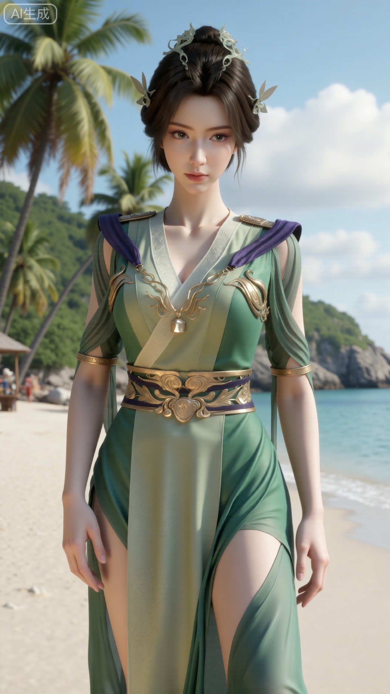  (masterpiece:1.2),best quality,absurdres,masterpiece,original,extremely detailed wallpaper,perfect lighting,1girl,solo,looking at viewer,(cowboy_shot:1.3),short hair,high heels,blurry background,depth of field,motion blur,crystal_earrings,headpiece,in summer,day,outdoors,nature,(standing,Seaside, beach, sailboat, coconut trees:1.59),,(huge breasts:2.59),
,XbaifengsongyuYH,Xbigbreasts,,XtianqiongYH,XhanyunzhiXYH