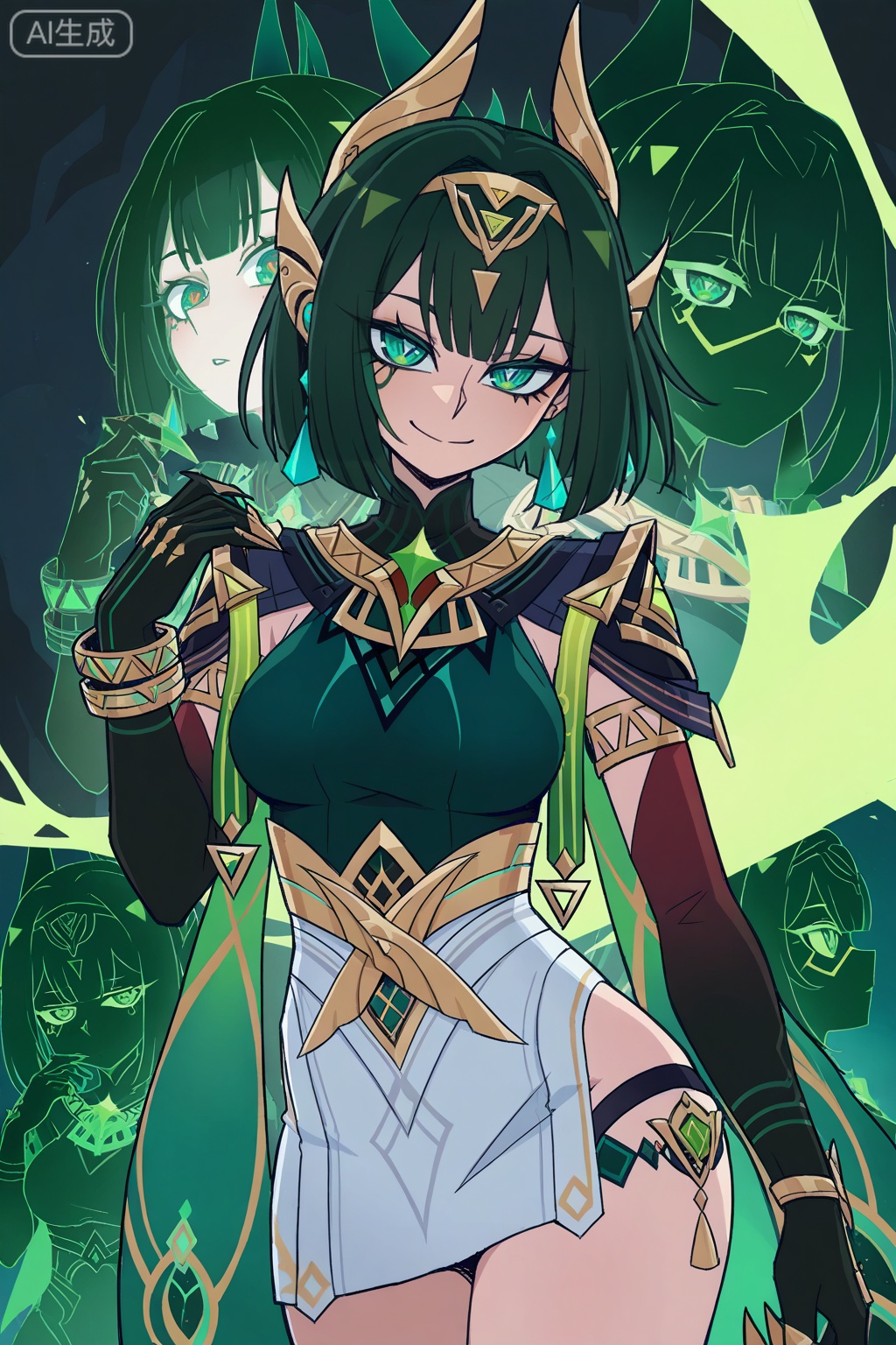 Simple background‌,
illyasviel von einzbern,irisviel von einzbern,vanripper_(style),style parady
／/
Nefer \(Genshin Impact\), clothes: Neferdef suit, Neferdef white short dress, Neferdef green cape, Neferdef Triangular pupils, 1girl, green eyes, green hair, jewelry, breasts, elbow gloves, black gloves, bracelet, Nefer green facial mark, triangular pupil
/
Masterpiece, amazing quality, best quality, ultra-detailed, 8K, illustration, CG, ultra-detailed eyes, detailed background, cute girl, eyelashes, movie composition, ultra-detailed, high-quality, realistic, extremely detailed CG unity, masterpiece, high quality, best quality, 8k resolution,