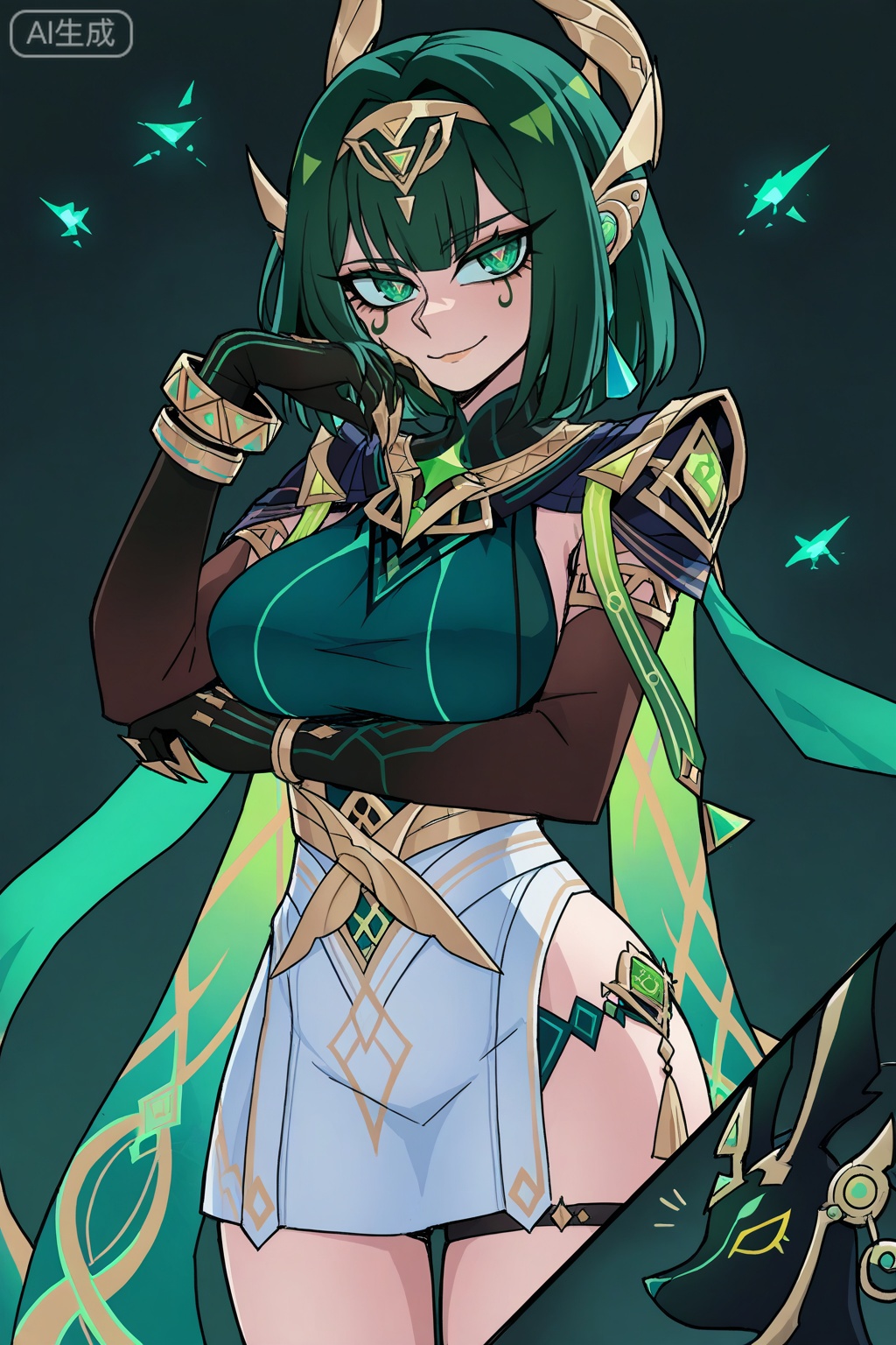 Simple background‌,
illyasviel von einzbern,irisviel von einzbern,vanripper_(style),style parady
／/
Nefer \(Genshin Impact\), clothes: Neferdef suit, Neferdef white short dress, Neferdef green cape, Neferdef Triangular pupils, 1girl, green eyes, green hair, jewelry, breasts, elbow gloves, black gloves, bracelet, Nefer green facial mark, triangular pupil
/
Masterpiece, amazing quality, best quality, ultra-detailed, 8K, illustration, CG, ultra-detailed eyes, detailed background, cute girl, eyelashes, movie composition, ultra-detailed, high-quality, realistic, extremely detailed CG unity, masterpiece, high quality, best quality, 8k resolution,