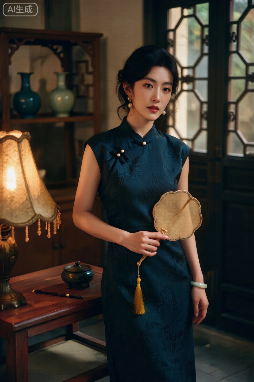 主体描述：
一位约30岁的东方女性,面部轮廓兼具古典韵味与现代精致感,颧骨处有自然的胭脂红晕。乌黑长发挽成低髻,簪着白玉发簪,几缕碎发勾勒耳廓曲线。身着黛青色真丝绡旗袍,立领镶嵌珍珠扣,衣身绣有若隐若现的云纹暗花。身姿保持挺拔的S形曲线,右手轻执团扇置于腰际,左手自然垂落时露出腕间翡翠镯子。眼神含而不露,唇角维持5度上扬,脖颈线条如天鹅般优雅舒展。

环境背景：
民国风格的书斋场景,花梨木博古架上陈列着青瓷瓶与线装书。背景是镂空雕花窗棂,透出竹影婆娑的庭院景致。近景红木案几上摆放着端砚与紫毫笔,香炉升起袅袅青烟。地面铺着编织精细的苇席,光影透过窗格形成菱形光斑。

光线：
采用伦勃朗光变体技法,主光源为窗棂透入的柔光（色温4200K）,在面部形成3/4亮部的经典布光。辅助光来自宣纸灯罩的台灯（3000K）,为旗袍暗部注入暖调光泽。光线在真丝面料上产生流水般的动态反光,珍珠扣呈现柔和的高光点。

渲染风格：
参考《花样年华》的视觉美学,保留潘纳维申镜头特有的油画质感。采用微反差处理,高光部分如丝绸般顺滑,阴影保留青瓷般的通透感。整体画面带有轻微颗粒感,模拟电影胶片的叙事氛围。

色彩：
主色调为青灰与檀棕的雅致搭配,旗袍的黛青与背景的木色形成冷暖平衡。色彩过渡采用中国传统色阶,从月白到鸦青的渐变如水墨渲染。饰品色彩作为点缀,白玉的温润与翡翠的翠绿形成材质对比。

构图：
运用中式对称与非对称的平衡法则,人物位于右侧黄金分割点,左侧通过窗棂构图形成视觉呼应。采用4:5竖画幅,强调身姿的修长感。画面留白处融入书法卷轴,形成文人画意的空间层次。

拍摄角度：
采用轻微仰视的致敬视角（镜头高度低于人物腰部20cm）,凸显旗袍立领的挺拔线条。拍摄距离3.5米,使用中长焦镜头压缩空间,使背景产生水墨画般的朦胧感。

滤镜：
模拟中国绢本画的质感,高光部分加入宣纸纤维的纹理效果。暗部采用青灰色基底,中间调保留丝绸特有的光泽过渡。整体添加仿古画作的微黄底色,但保持肤色的自然还原。

摄影参数：
ARRI ALEXA Mini LF摄影机,Panavision T系列55mm镜头,快门角度180度,光圈T2.8,ISO 320,采用4.5K 4:5画幅比例拍摄。启用LUT中的"中式古典"色彩预设,确保朱砂红与石青色的准确还原。,优雅女性,繁花风格写真,新中式旗袍