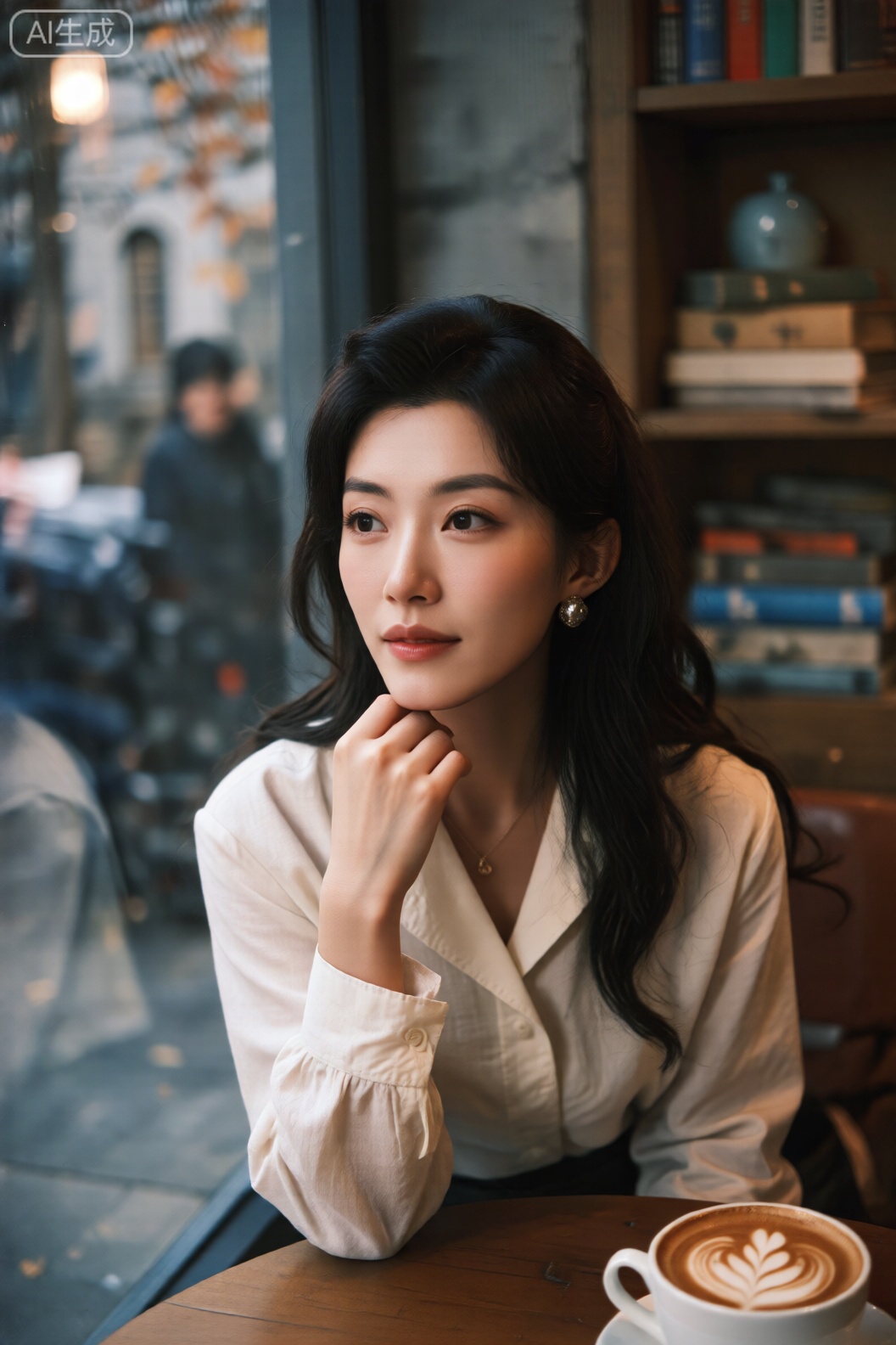 主体描述：
一位25-30岁的亚洲女性,拥有柔和的鹅蛋脸型,五官立体但不锐利。深棕色微卷长发自然垂至肩部,发梢带有轻微波浪感。皮肤质感细腻,呈现自然健康的光泽,无过度修饰感。身着米白色亚麻材质衬衫,领口微敞,展现出优雅的颈部线条。眼神温和略带沉思,嘴角有若有若无的浅笑,右手轻托下巴,手指修长自然弯曲,身体微微侧坐,营造出放松又不失端庄的姿态。

环境背景：
场景设定为复古咖啡馆的靠窗角落,木质桌椅表面带有细微的使用痕迹,背景书架摆放着旧书籍和陶瓷装饰品。窗外是朦胧的秋日午后街景,隐约可见行人身影和缓慢行驶的老式车辆。空间层次通过前景的咖啡杯（拿铁拉花细节清晰）、中景的人物主体、背景的虚化书架形成递进关系。

光线：
采用自然光与柔光箱结合的双光源设计。主光为窗外45度侧逆光,在人物面部形成柔和的明暗过渡；辅光来自右前方的柔光箱,填充眼神光并降低阴影硬度。光线效果追求电影级自然感,高光部分呈现奶油般柔和扩散,阴影区域保留细节纹理。

渲染风格：
电影写实风格,强调胶片质感与生活化叙事。画面带有轻微颗粒感（类似ISO800胶片噪点）,但整体保持高清锐利度。氛围营造偏向文艺片基调,突出人物内心戏的情感张力。

色彩：
整体采用低饱和度暖色调,主色系为卡其色、暖灰和深咖啡色。人物衬衫的米白与背景木质色调形成柔和对比,窗外街景处理为青灰调冷色以增强空间感。色彩过渡注重自然渐变,避免突兀色块。

构图：
使用经典三分法构图,人物眼睛位于左上交叉点。主体占比约60%,右侧留白用于展现环境细节。背景虚化程度随景深递减,书架部分保留可辨识轮廓但弱化纹理。

拍摄角度：
采用微微俯视的人眼视角（镜头略高于人物额头）,拍摄距离约1.2米,营造亲密又不失客观的观察感。机位与人物形成15度侧角,增强画面立体感。

滤镜：
模拟ARRI胶片滤镜风格,强调中间调细节保留。高光部分添加轻微淡黄色浸润效果,阴影区域呈现冷调青灰色平衡。

摄影参数：
ARRI ALEXA Mini LF摄像机,ZEISS Supreme Prime 50mm T1.5镜头,快门速度1/125s,光圈T2.8,ISO 800,焦段选择50mm以保持自然透视。