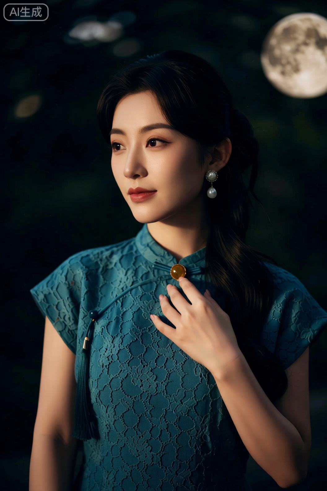 一位女性身着镶着蕾丝的藏青连衣裙,佩戴琥珀胸针,在月光与夜色的明暗交替中,散发着复古温柔的神秘魅力。,优雅女性
