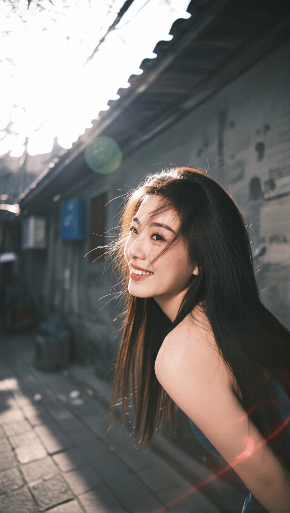主体描述：主体为一位女性,长发乌黑且在风中微微飘动,露出光洁的肩膀,环境背景：场景是户外的老巷,背景有灰黑色的老式建筑墙体,屋顶是传统的瓦片结构,地面为古朴的石板路,整体氛围充满复古的市井气息,光线：采用自然光,是温暖的侧逆光,阳光从画面左上方照射而来,在人物发丝和肩头形成明亮的轮廓光,同时产生明显的光斑效果,营造出富有氛围感的光影,渲染风格：画面质感带有复古颗粒感,整体氛围怀旧且充满故事感,仿佛是一段老时光的定格,色彩：色彩基调以灰,黑,棕为主,建筑的灰黑色与地面的棕色调形成复古的色彩搭配,阳光的暖色调为画面增添了一丝温暖,色彩过渡自然,复古感强烈,构图：采用对角线构图,人物位于画面右侧,身体姿态形成对角线趋势,左侧的老巷建筑作为背景,增强画面的空间感与故事感,拍摄角度：采用低角度仰拍,拍摄距离较近,突出人物的姿态与光影效果,增强画面的视觉冲击力,滤镜：使用复古胶片滤镜,增加画面的颗粒感与暖色调,强化怀旧氛围,摄影参数：使用复古风格的摄影相机,搭配中焦镜头,快门速度1/200 秒左右,光圈值f/4.0,焦段85mm,ISO 数值400,