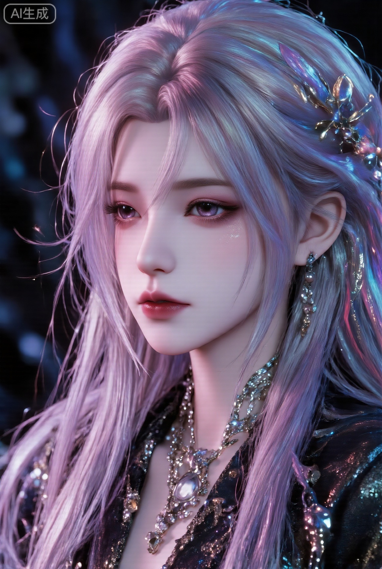 1girl, solo, long hair, looking at viewer,Blue and pink gradient hair,, jewelry, earrings, necklace, lips,  realistic,LXQI