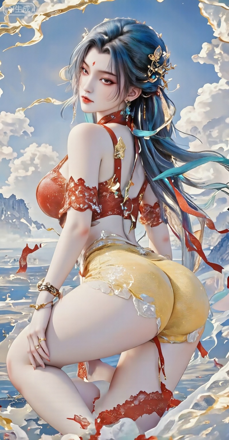 Hd wallpapers, 1 girl, underwear, big butt, huge butt, yellow panties, tulle, lace lace, Perspective, breasts, bra, jewelry, solo, Look back, bracelet, look at the audience, Long hair, red bra, red sexy underwear, Big breasts, rings, water, from behind, outdoor, underwear, earrings, day, lips, thighs, bent over, bare shoulders, Lace decoration, face marks, wallpaper, blue hair, eyeshadow, colorful pupils, suspenders, outdoor, blue sky, White clouds, flowers,bihua,shinv,1girl,1girl,LXQI