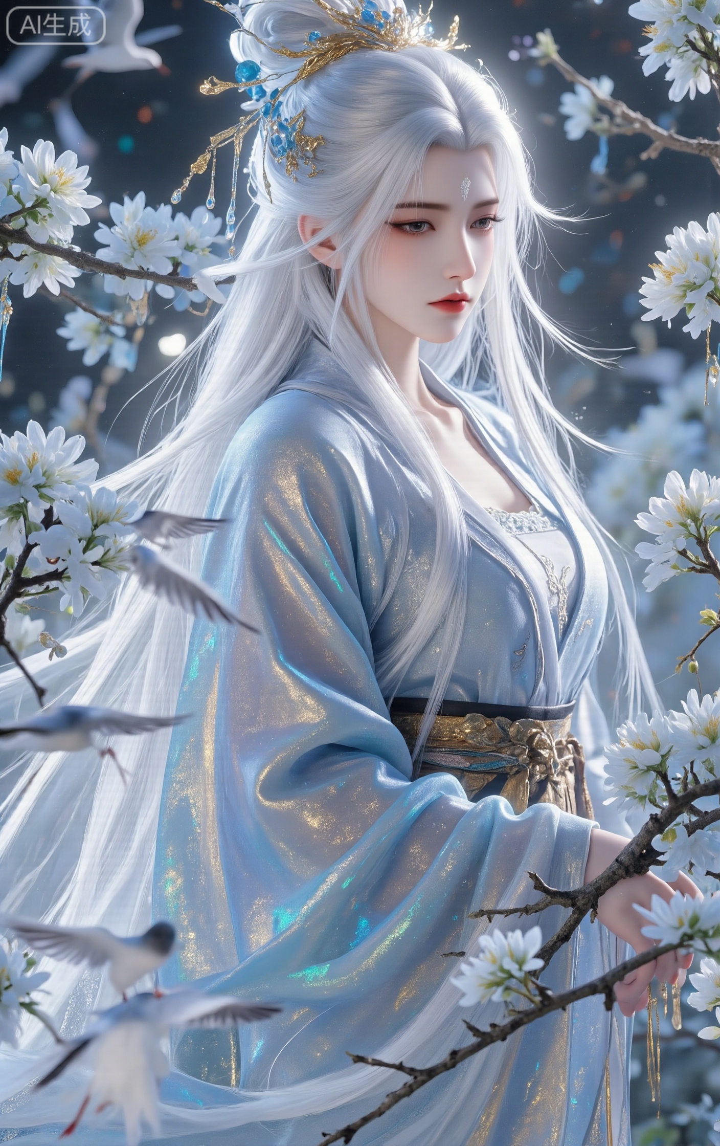 solo, long hair, long sleeves, 1girl, very long hair, standing, flower, white hair, male focus, profile, bird, chinese clothes, half updo, robe, branch, hanfu,chjianzhi,jinghongzy,huaxiangr,LXQI
