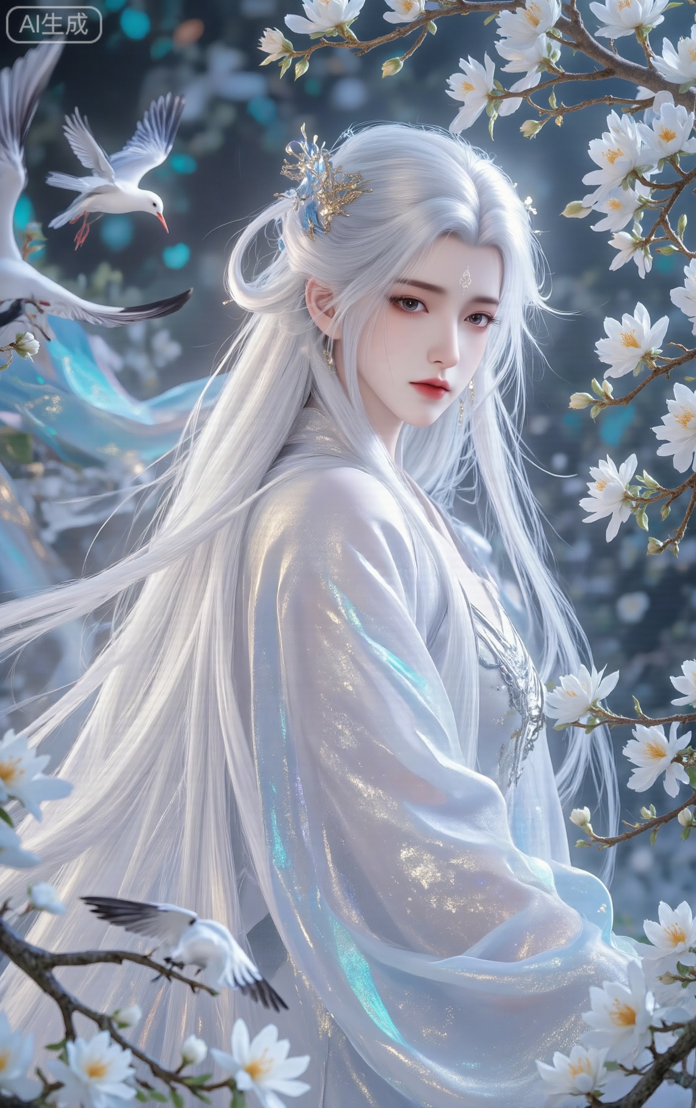solo, long hair, long sleeves, 1girl, very long hair, standing, flower, white hair, male focus, profile, bird, chinese clothes, half updo, robe, branch, hanfu,chjianzhi,jinghongzy,huaxiangr,LXQI