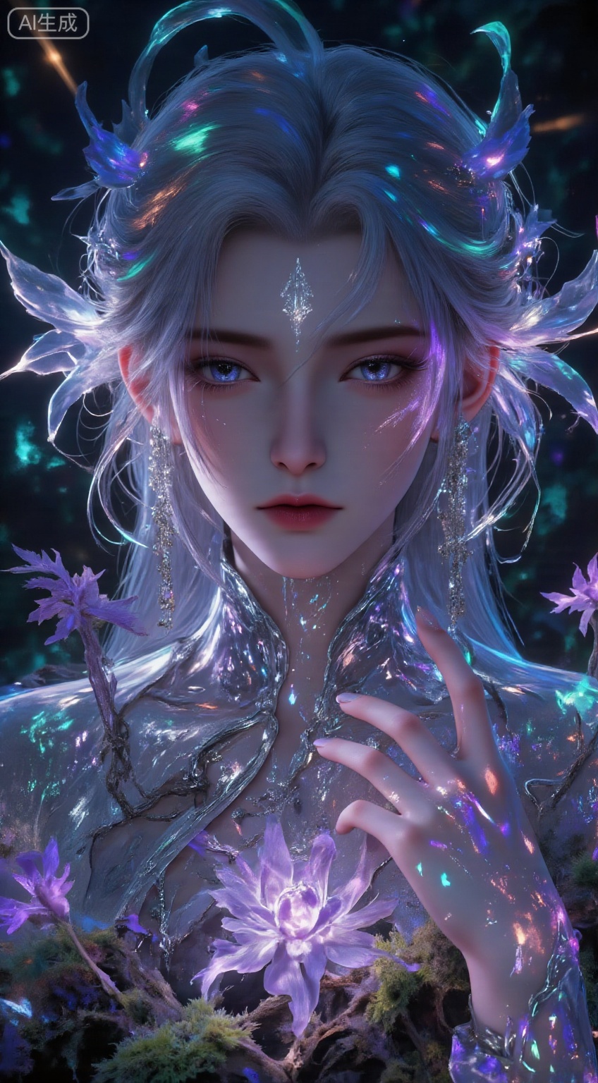 Ultra high definition details, master's masterpiece, large angle top-down composition, facial close-up, forest elf girl, crystal and ice crystal intertwined crystal crown emitting light blue and pink purple light, cold moon like pearl luster skin almost transparent, deep blue eyes like starry vortex, naturally curled silver eyelashes stained with fine ice crystals, soft mist makeup embellished with starlight particles, elegant swan neck wearing fine chains woven from vines and star dust, slender fingers like art lightly touching the lower jaw, fingertips wrapped in light green dots, perfect nine head body proportion, delicate pore free skin exuding cold toned ivory white, ethereal temperament containing mysterious majesty, exquisite leaf vein shaped platinum earrings hanging tiny glowing fruits at the end, deep in the ancient dark forest, the luminous blue covered with huge dewdrops in the foreground. Purple ferns and translucent fluorescent vines droop, The middle scene is a giant glowing mushroom cluster and swaying star shaped flowers surrounding the girl, emitting a soft blue-green halo. Crystal dewdrops roll down from the leaves to form a light strip. In the distant view, towering ancient trees wrap around glowing moss, and the semi transparent forest spirit can be faintly seen weaving through the forest. The soft morning light penetrates the thick tree crown to form a strongly tilted golden beam, interweaving with the rising light green phosphorescent mushroom mist on the ground. The girl is enveloped in a thin layer of warm gold light and cool blue self luminous light, forming a sharp contrast between cold and warm. The shallow depth of field ultimate virtualizes the background, creating a beautiful and profound magical forest atmosphere. The ultimate pore level skin texture and fabric details, movie level dramatic light and shadow, Unreal Engine rendering realism, 8K Resolution, top of the line image quality popular on art websites, mist soft focus filter, low light diffuse filter, air perspective filter, main color tone of emerald green, cold symphony of sapphire and violet, embellished with champagne gold, pink crystal and fluorescent green, core visual elements: a girl's crystal crown, glowing eyes, pearl skin, neck chain wrapped in vines, giant glowing mushrooms, tilted light columns and forest spirit, masterpiece level fantasy illustration,in the style of ckpf,,qfht,LXQI