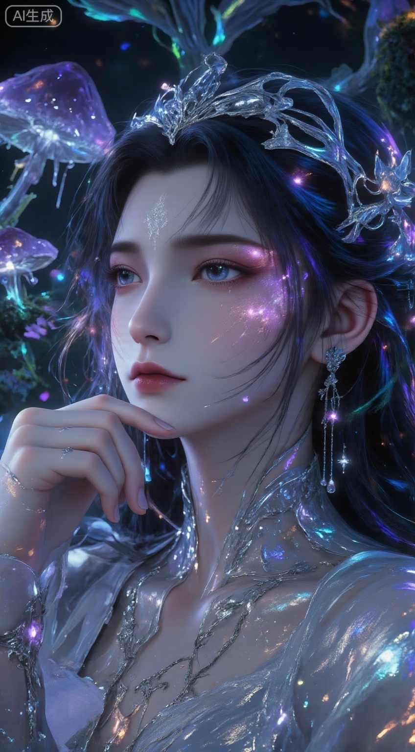 Ultra high definition details, master's masterpiece, large angle top-down composition, facial close-up, forest elf girl, crystal and ice crystal intertwined crystal crown emitting light blue and pink purple light, cold moon like pearl luster skin almost transparent, deep blue eyes like starry vortex, naturally curled silver eyelashes stained with fine ice crystals, soft mist makeup embellished with starlight particles, elegant swan neck wearing fine chains woven from vines and star dust, slender fingers like art lightly touching the lower jaw, fingertips wrapped in light green dots, perfect nine head body proportion, delicate pore free skin exuding cold toned ivory white, ethereal temperament containing mysterious majesty, exquisite leaf vein shaped platinum earrings hanging tiny glowing fruits at the end, deep in the ancient dark forest, the luminous blue covered with huge dewdrops in the foreground. Purple ferns and translucent fluorescent vines droop, The middle scene is a giant glowing mushroom cluster and swaying star shaped flowers surrounding the girl, emitting a soft blue-green halo. Crystal dewdrops roll down from the leaves to form a light strip. In the distant view, towering ancient trees wrap around glowing moss, and the semi transparent forest spirit can be faintly seen weaving through the forest. The soft morning light penetrates the thick tree crown to form a strongly tilted golden beam, interweaving with the rising light green phosphorescent mushroom mist on the ground. The girl is enveloped in a thin layer of warm gold light and cool blue self luminous light, forming a sharp contrast between cold and warm. The shallow depth of field ultimate virtualizes the background, creating a beautiful and profound magical forest atmosphere. The ultimate pore level skin texture and fabric details, movie level dramatic light and shadow, Unreal Engine rendering realism, 8K Resolution, top of the line image quality popular on art websites, mist soft focus filter, low light diffuse filter, air perspective filter, main color tone of emerald green, cold symphony of sapphire and violet, embellished with champagne gold, pink crystal and fluorescent green, core visual elements: a girl's crystal crown, glowing eyes, pearl skin, neck chain wrapped in vines, giant glowing mushrooms, tilted light columns and forest spirit, masterpiece level fantasy illustration,in the style of ckpf,,qfht,LXQI